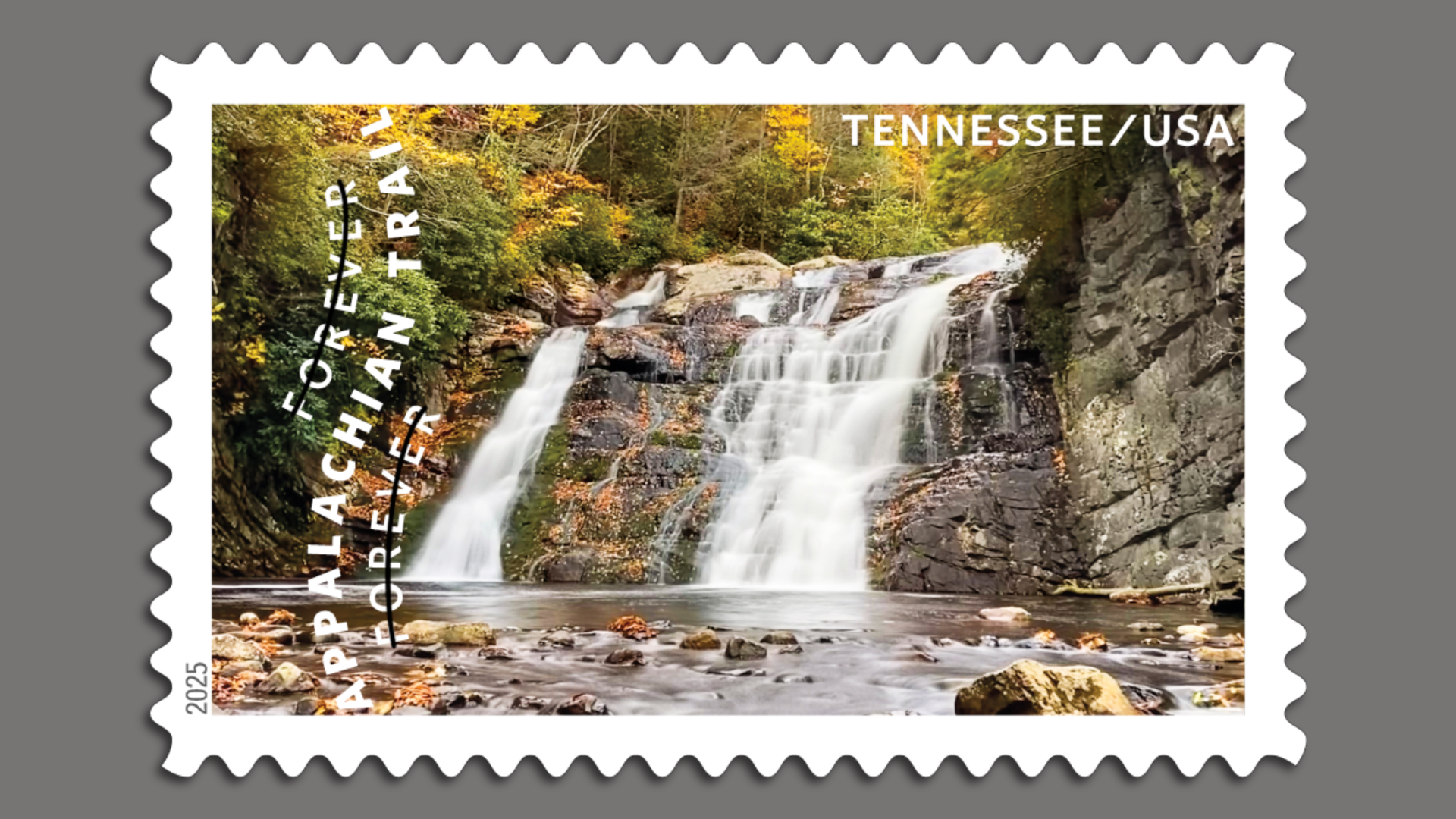 A stamp showing a waterfall in Tennessee.