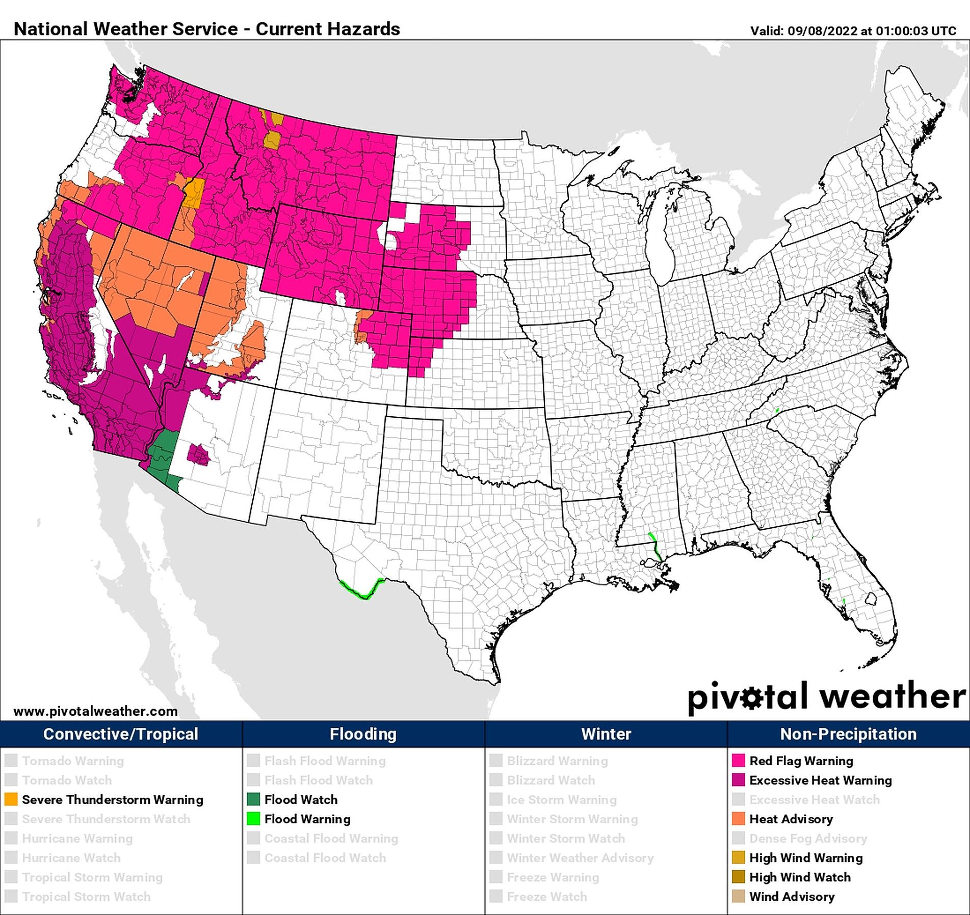 A map showing hazards across the U.S. West identified by the National Weather Service, including red flag warnings.