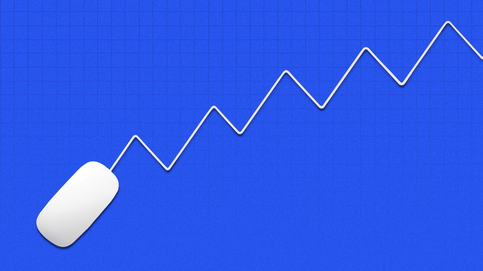 Illustration of a mouse with the wire forming an upward trending market line.  