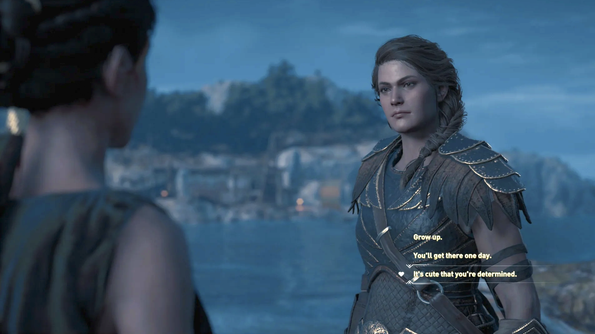 A video game screenshot showing two characters talking. 