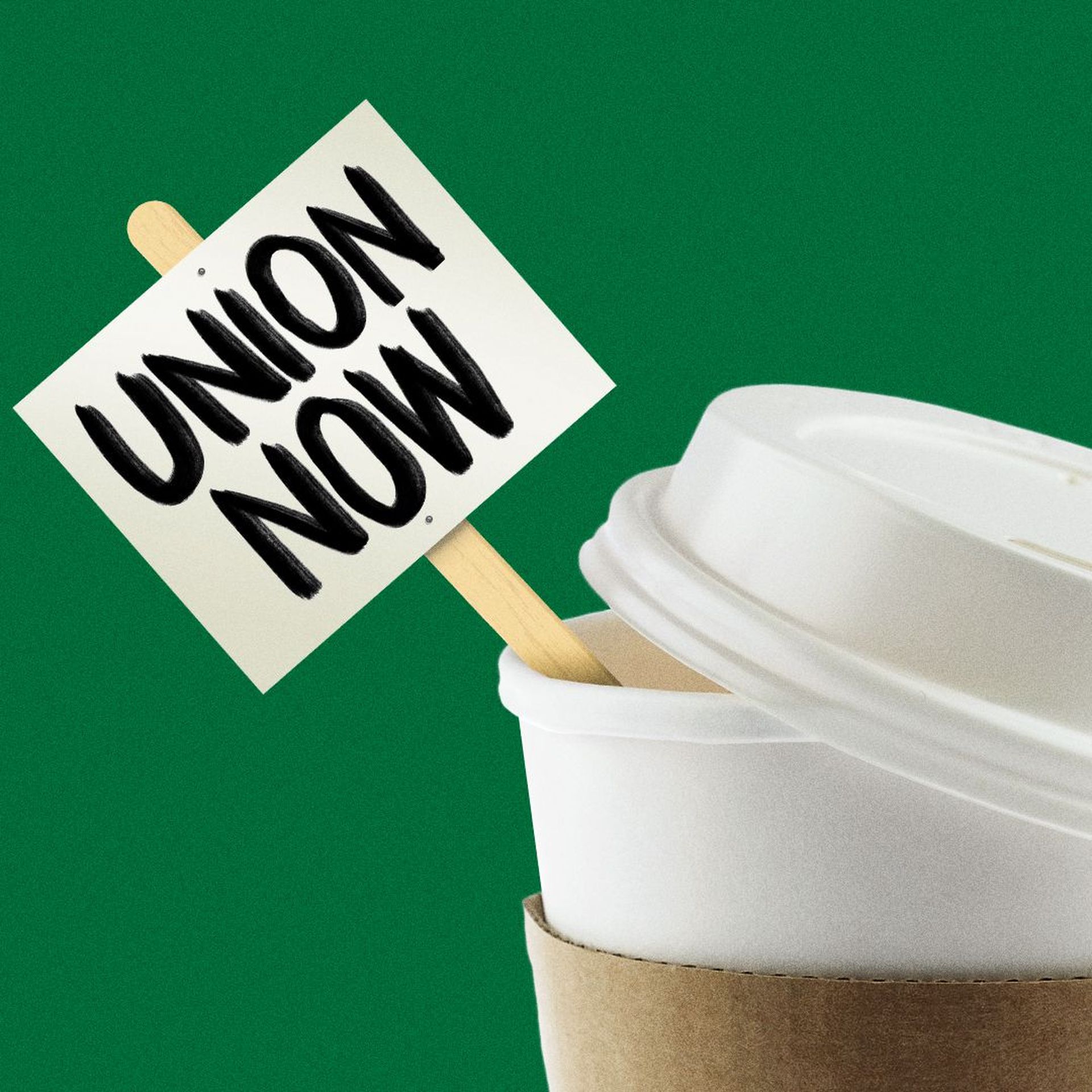 Illustration of a union protest sign attached to a coffee stirrer in a to-go cup.
