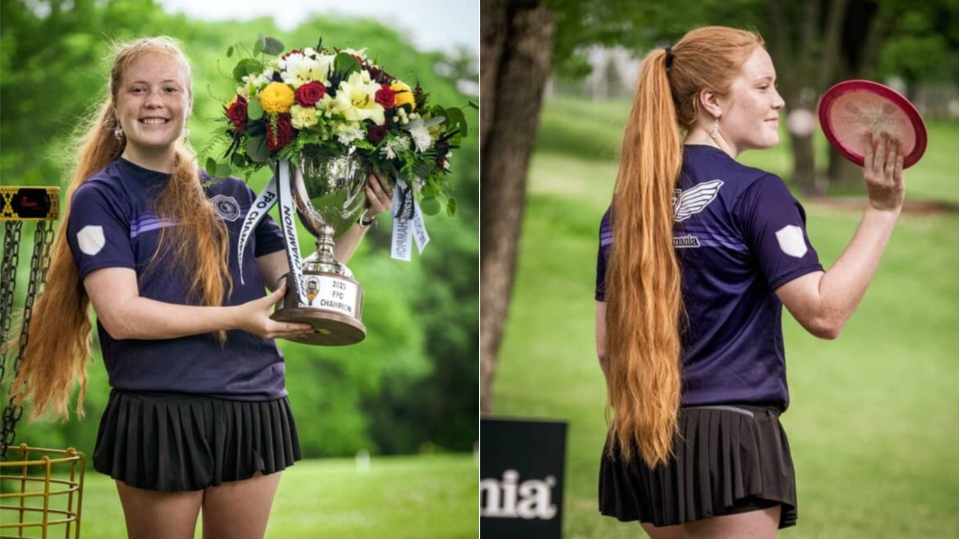 two images combined side-by-side show Huntsville disc golfer Cadence Burge posing with the trophy from the 2025 Discmania Challenge, and her waving to the crowd with a disc in her hand. 