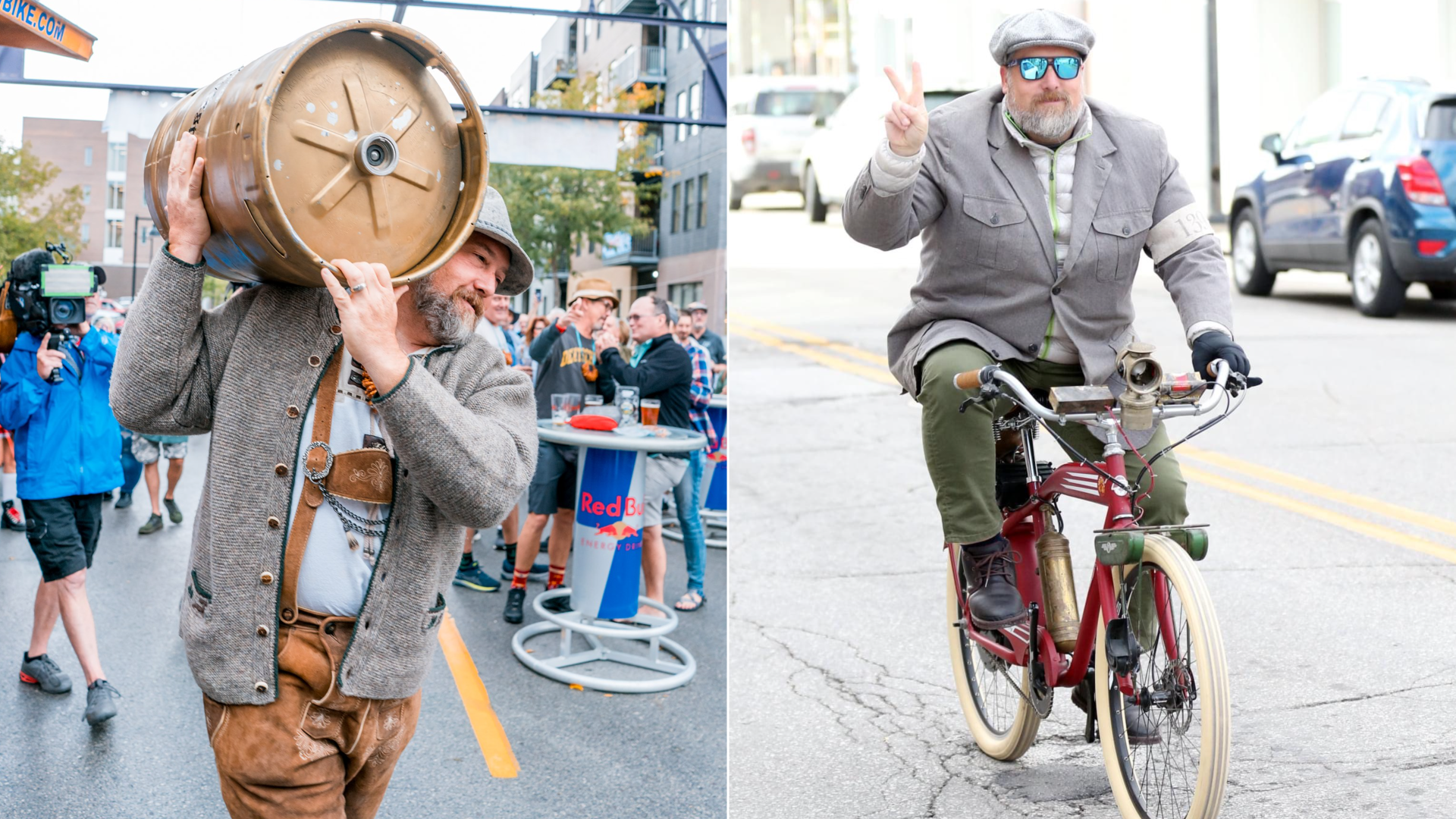 Jeff Bruning carrying a golden keg at Oktoberfest and riding a single speed bike