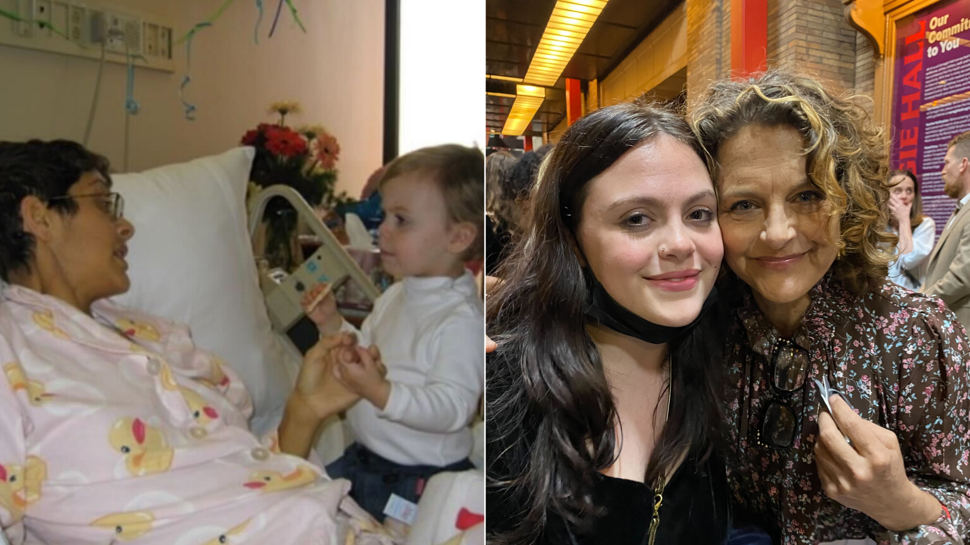 A mother with her daughter as a baby and then as a teenager.