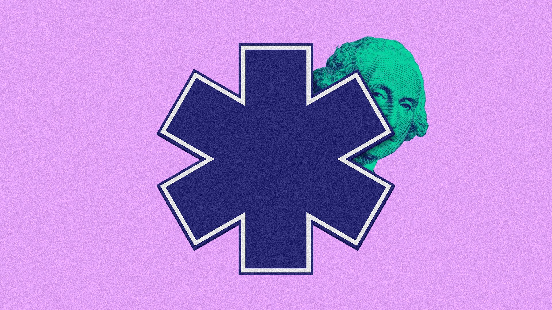 an illustration of George Washington peeking out from behind a star of life