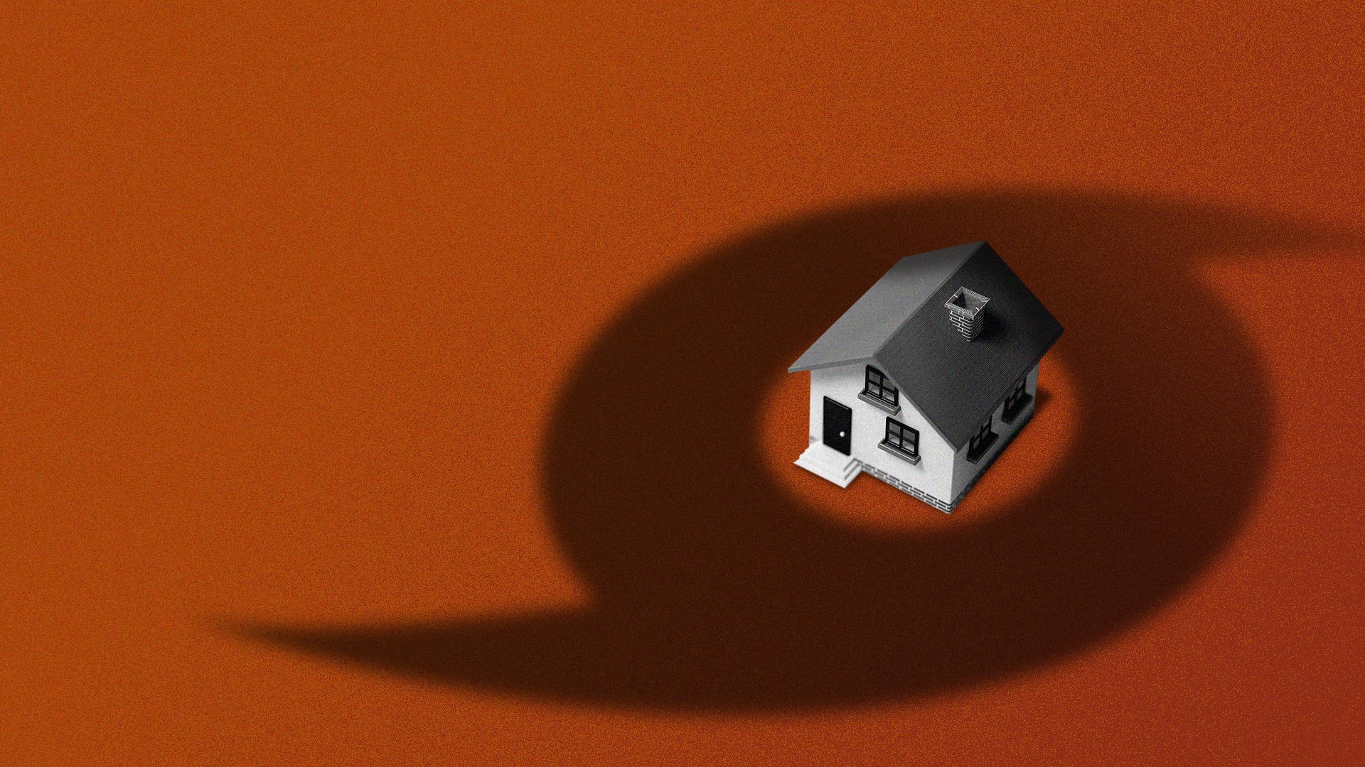 Illustration of a house with a hurricane symbol shadow looming over it.