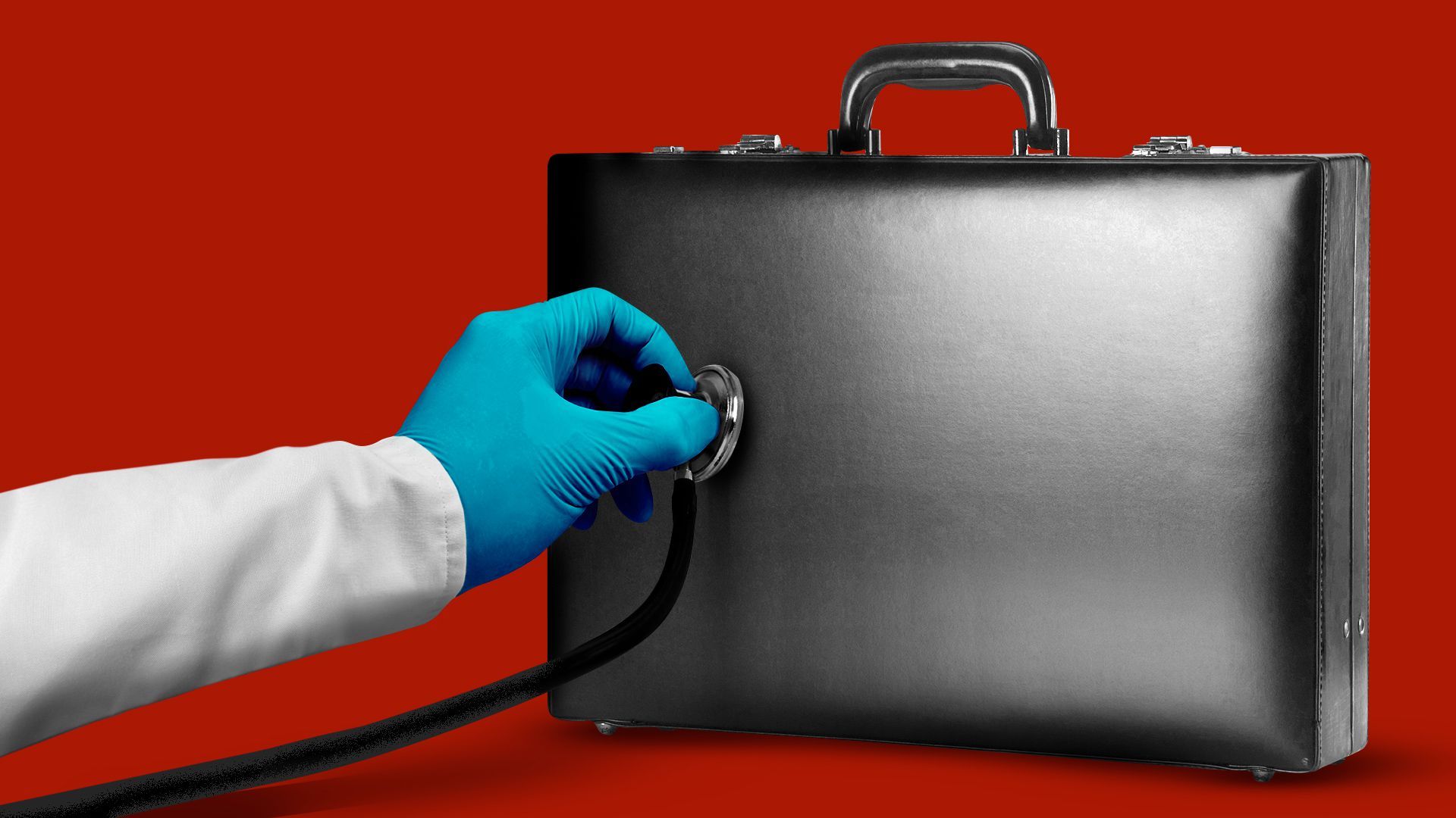 Illustration of a doctor's hand holding a stethoscope up to a briefcase. 