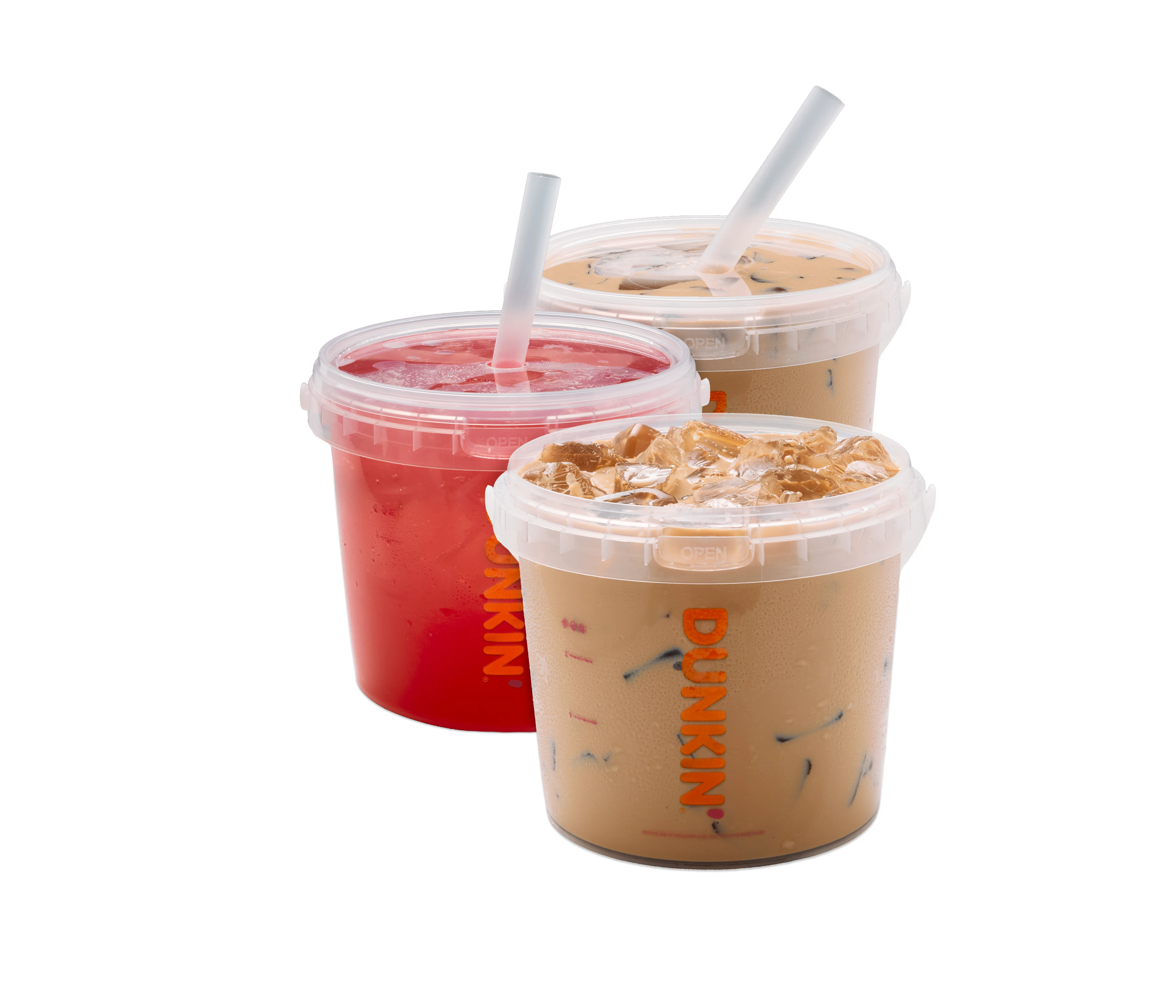 Three plastic cups from Dunkin filled with iced beverages in brown and red colors, each with a plastic straw and clear lids, against a white background.