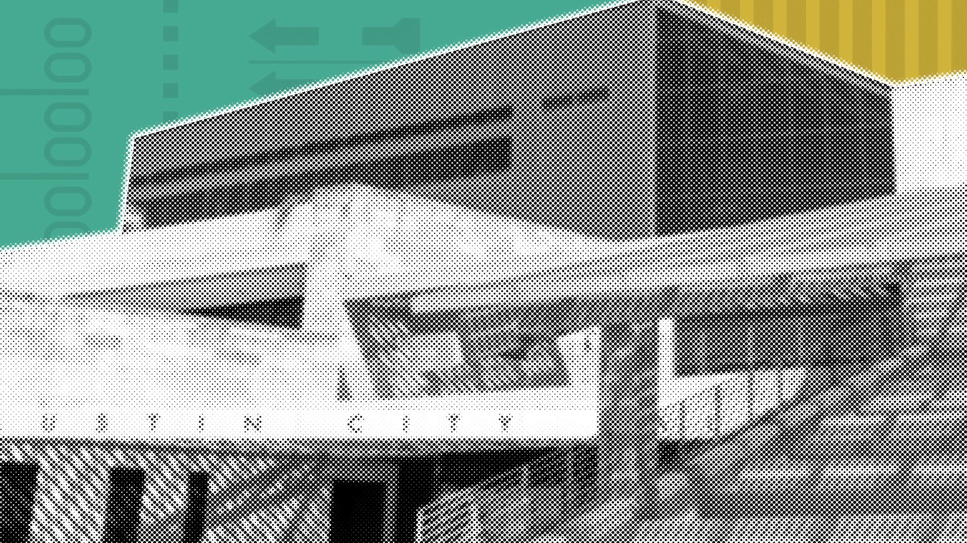 Illustration of Austin City Hall over a divided green and gold background with elements of ballots.