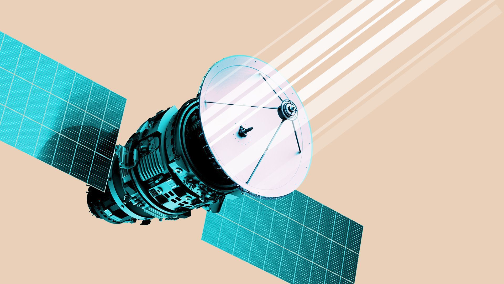 In this illustration, a satellite points white beams into the sky. 