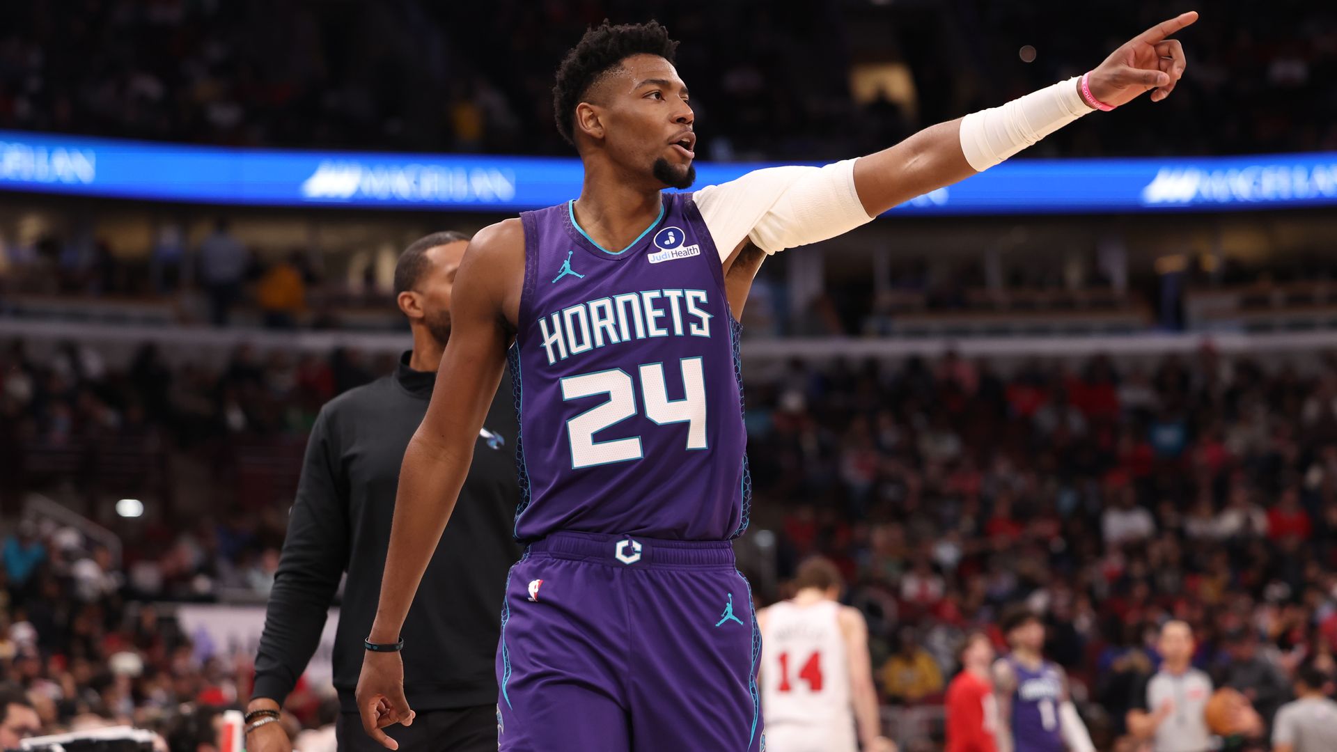  Brandon Miller #24 of the Charlotte Hornets celebrates during the second half against the Chicago Bulls at the United Center on February 24, 2026 in Chicago, Illinois. 