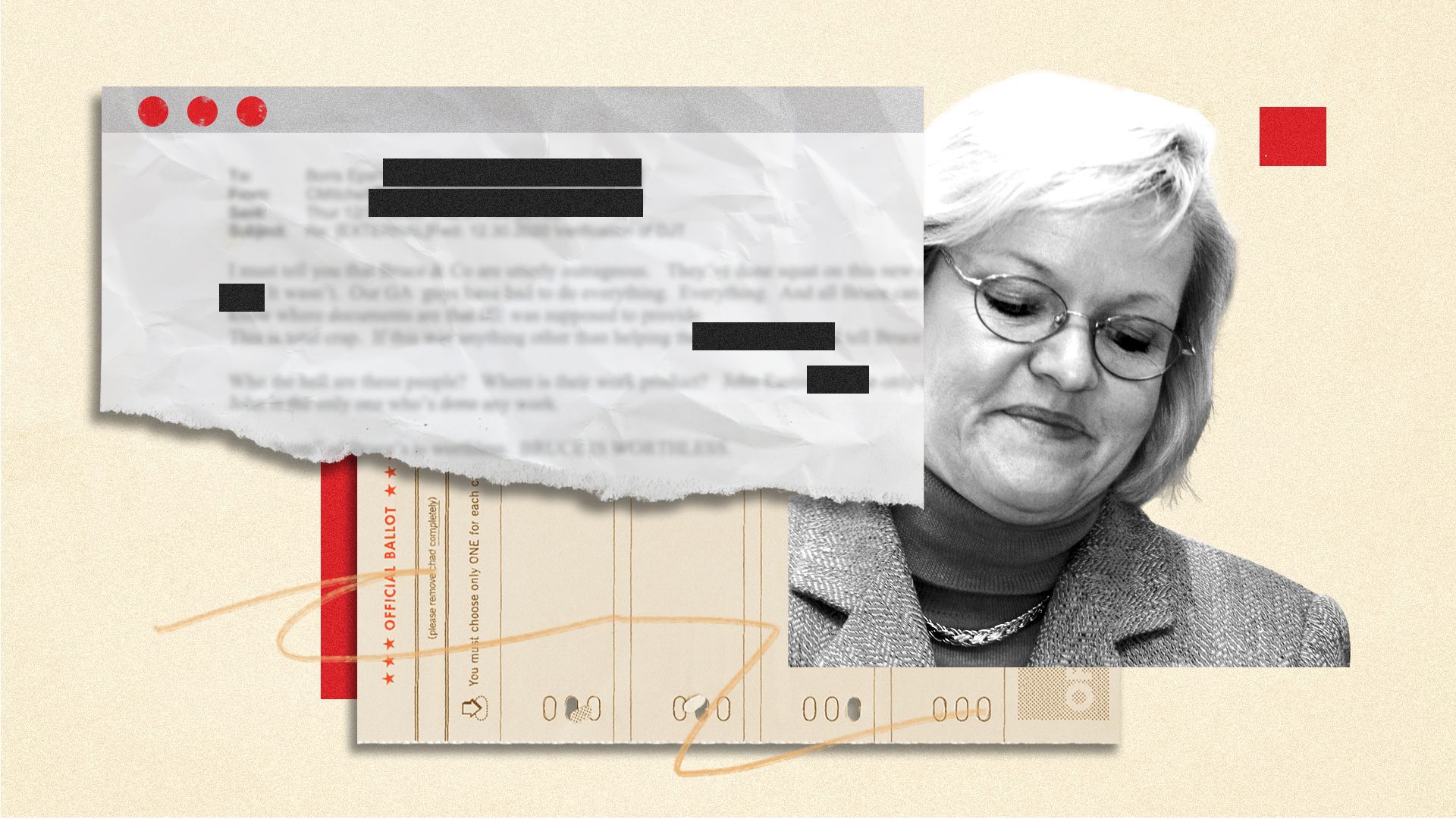 Photo illustration of Cleta Mitchel next to a ballot, a web browser, and various shapes