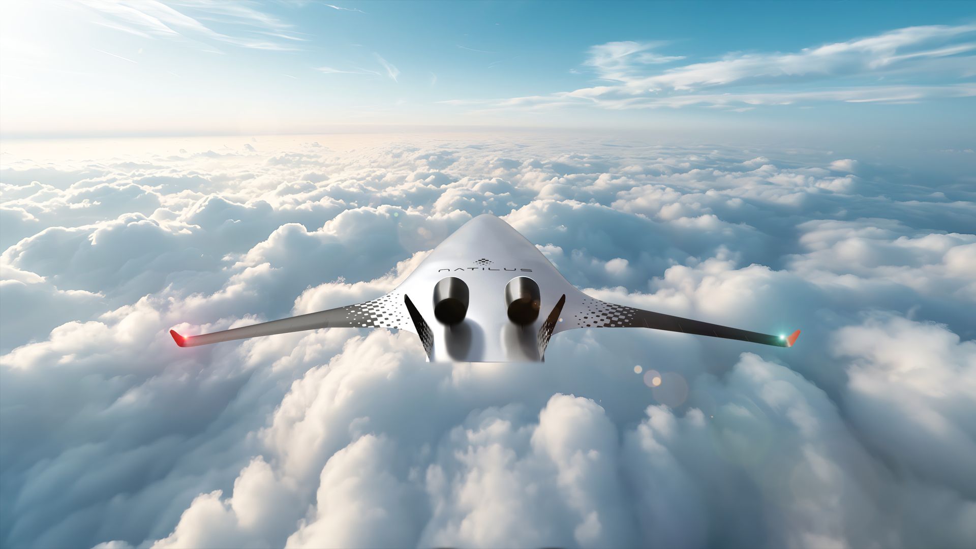 Futuristic silver delta-wing aircraft glides above white clouds under a blue sky. It has perforated wing panels, two black jet engines, red left wingtip and green right wingtip.