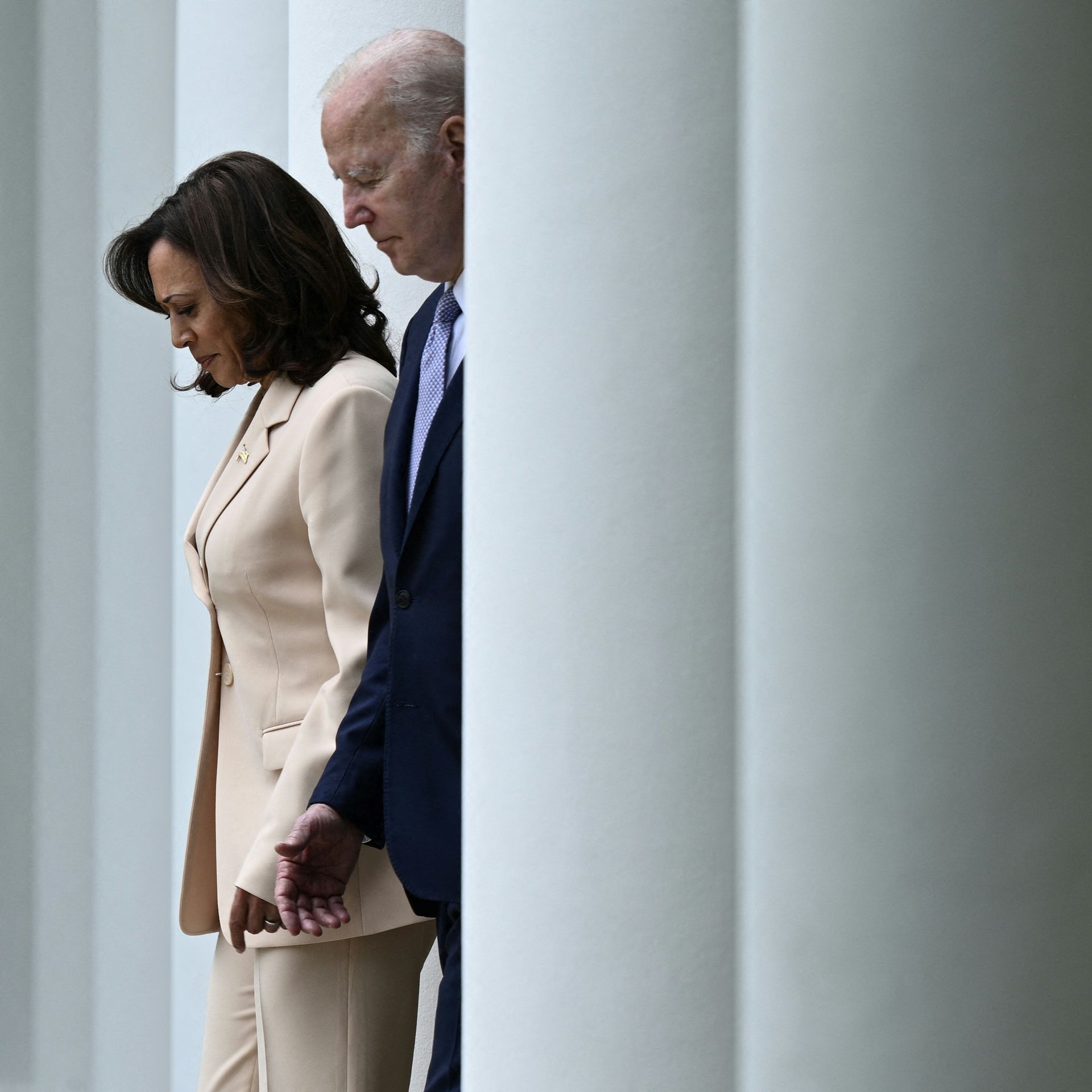 Vice President Harris and President Biden arrive to deliver remarks in the Rose Garden of the White House in Washington, D.C. Photo: Brendan SMIALOWSKI / AFP via Getty Images
