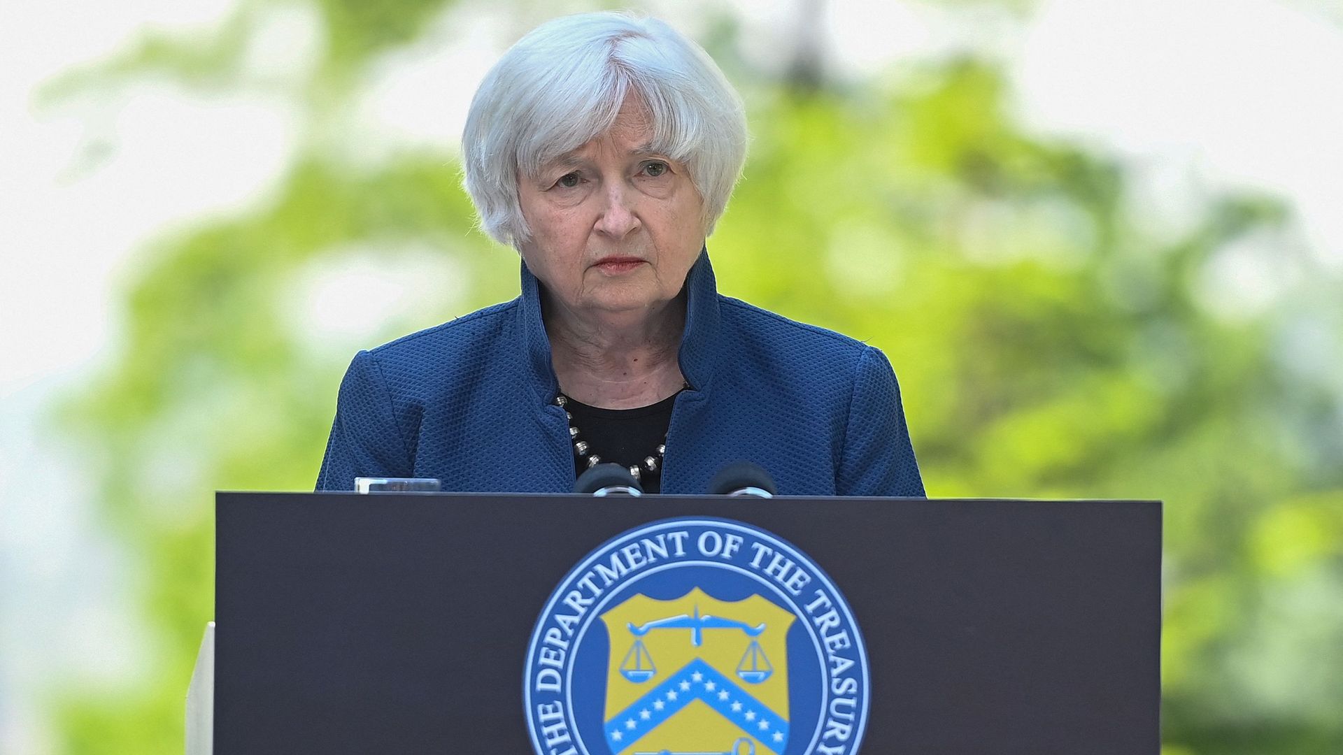 US Treasury Secretary Janet Yellen speaks to journalists  on May 18, 2022 in Koenigswinter near Bonn, western Germany.