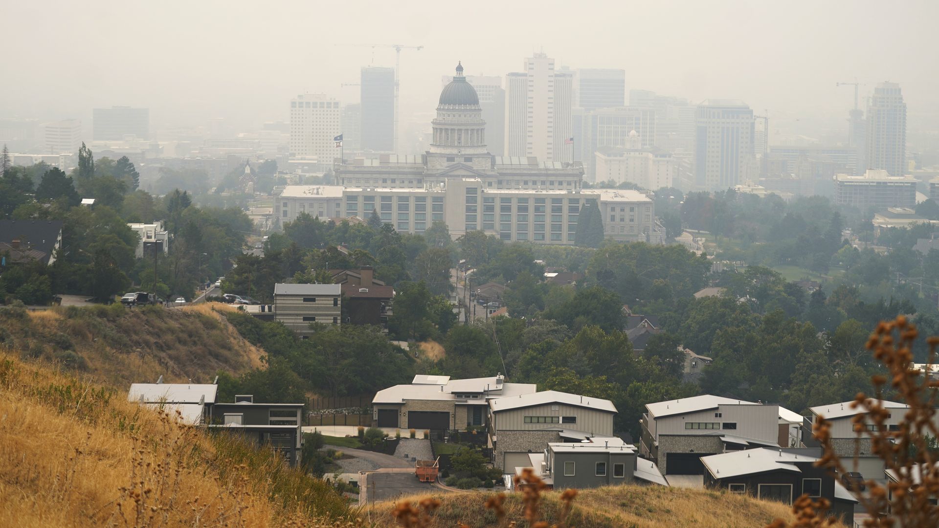 A smoky view of downtown Salt Lake City.