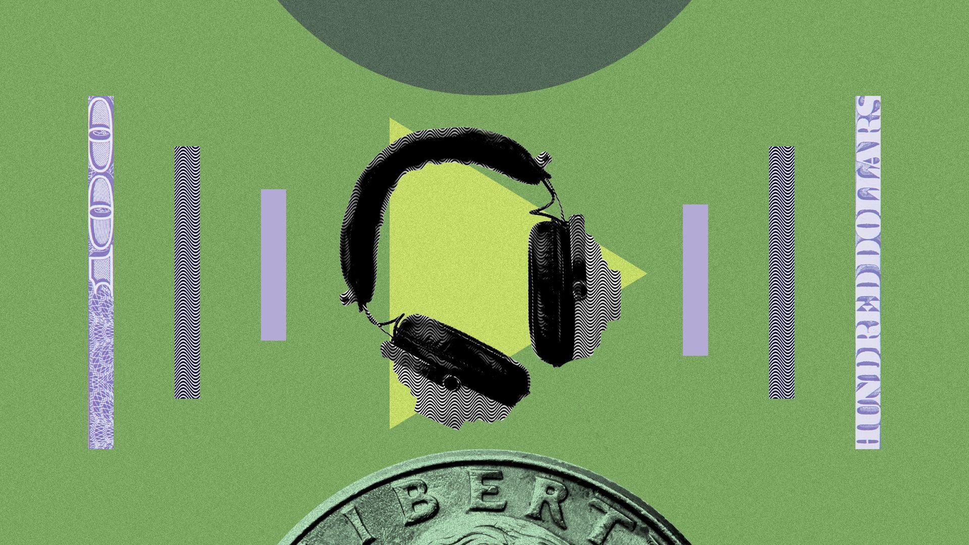 Illustration of a collage featuring headphones and pieces of money.