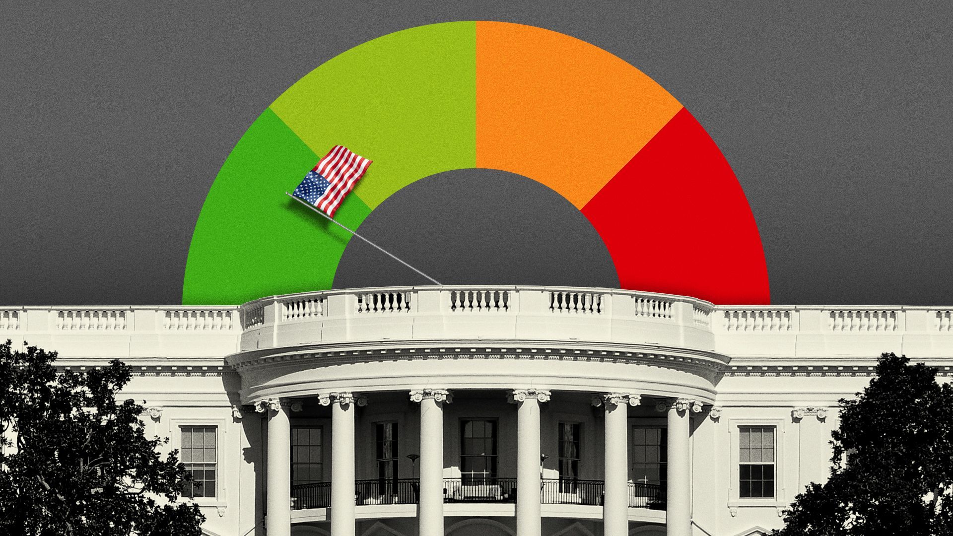 Illustration of a good/bad scale over the White House, with the flag indicating "good."