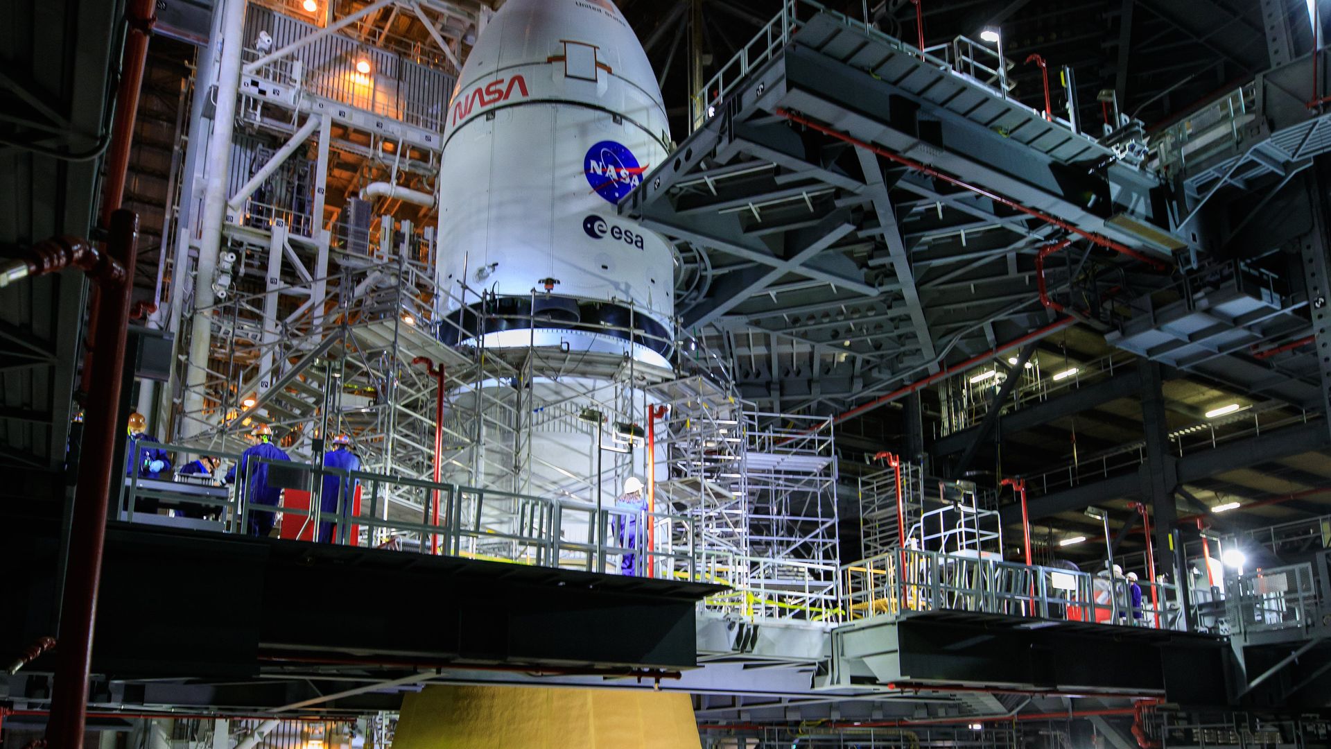 An Orion capsule stacked atop a Space Launch System rocket.