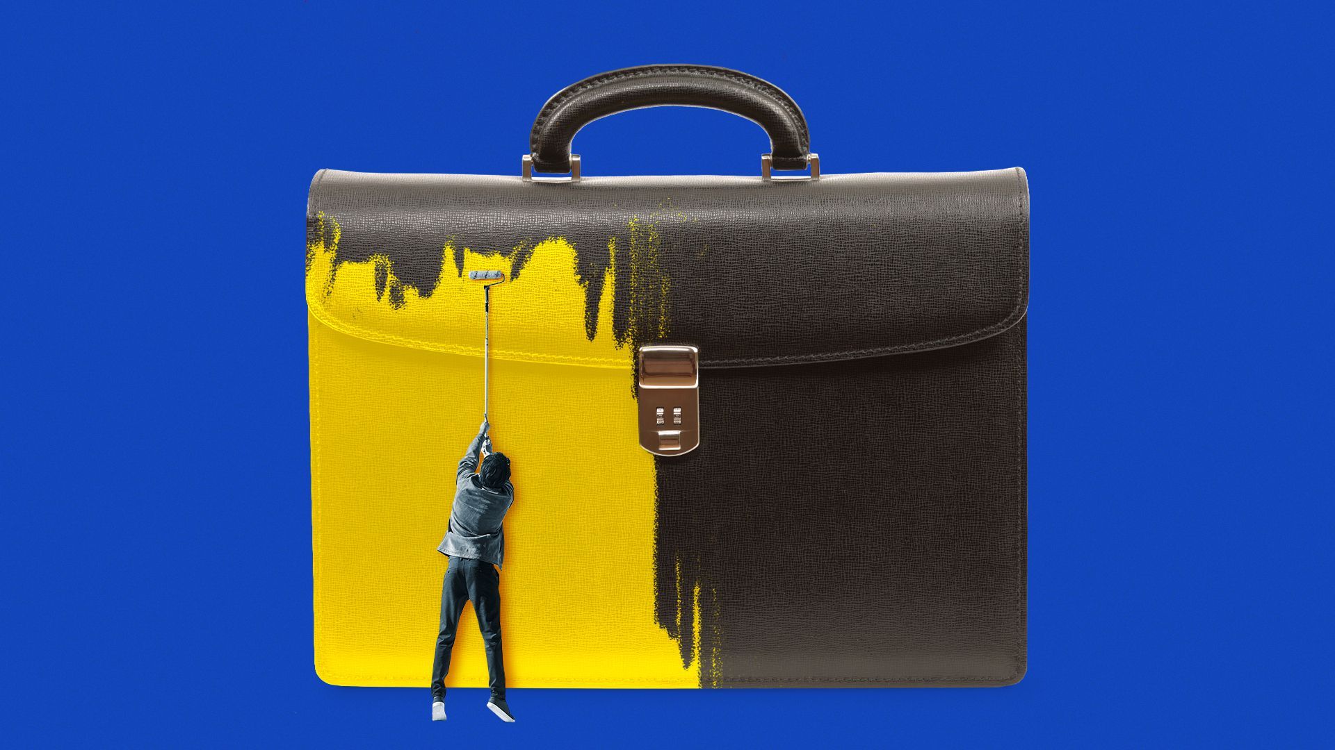 Illustration of a tiny person painting a briefcase yellow.