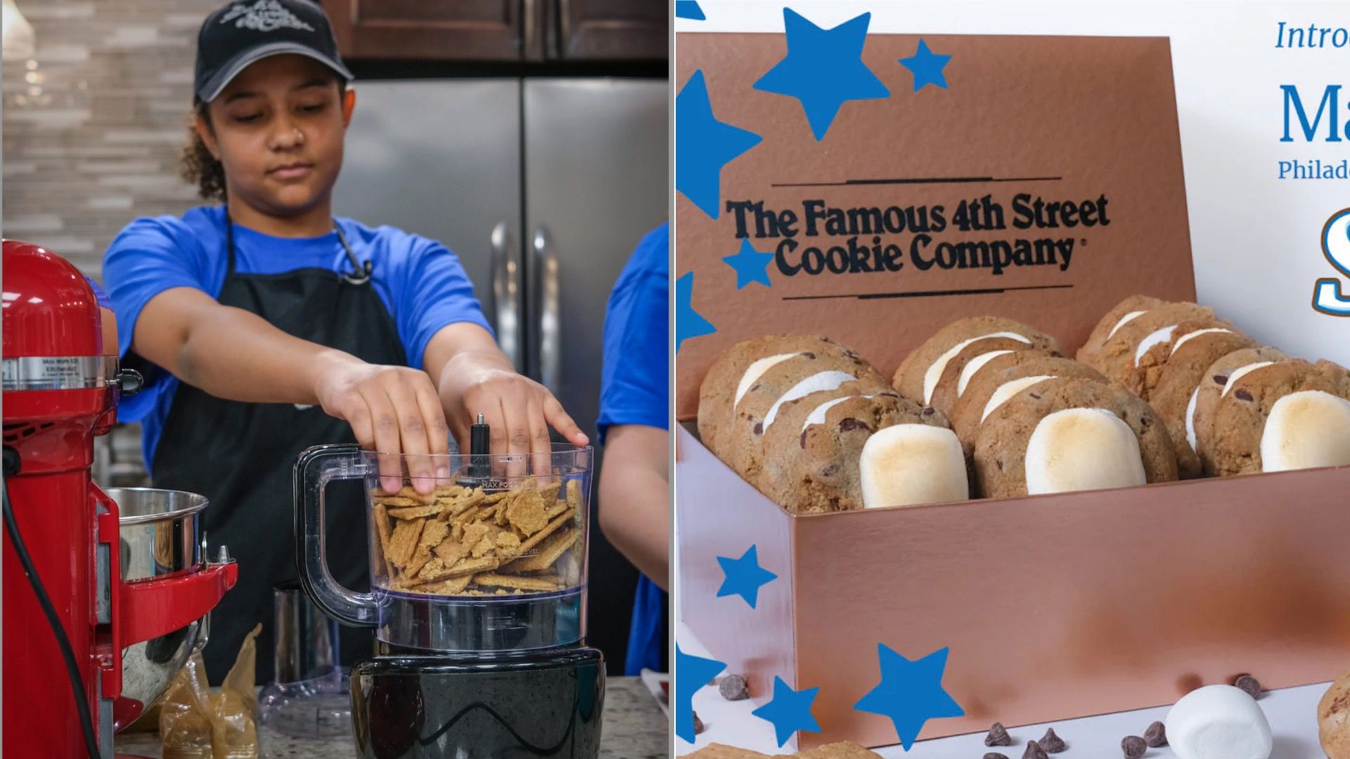 Split image: 12-year-old Blakelyn Kelly, wearing a black apron, uses a red stand mixer with crackers in a food processor; right a box reads "The Famous 4th Street Cookie Company" beside cookies.