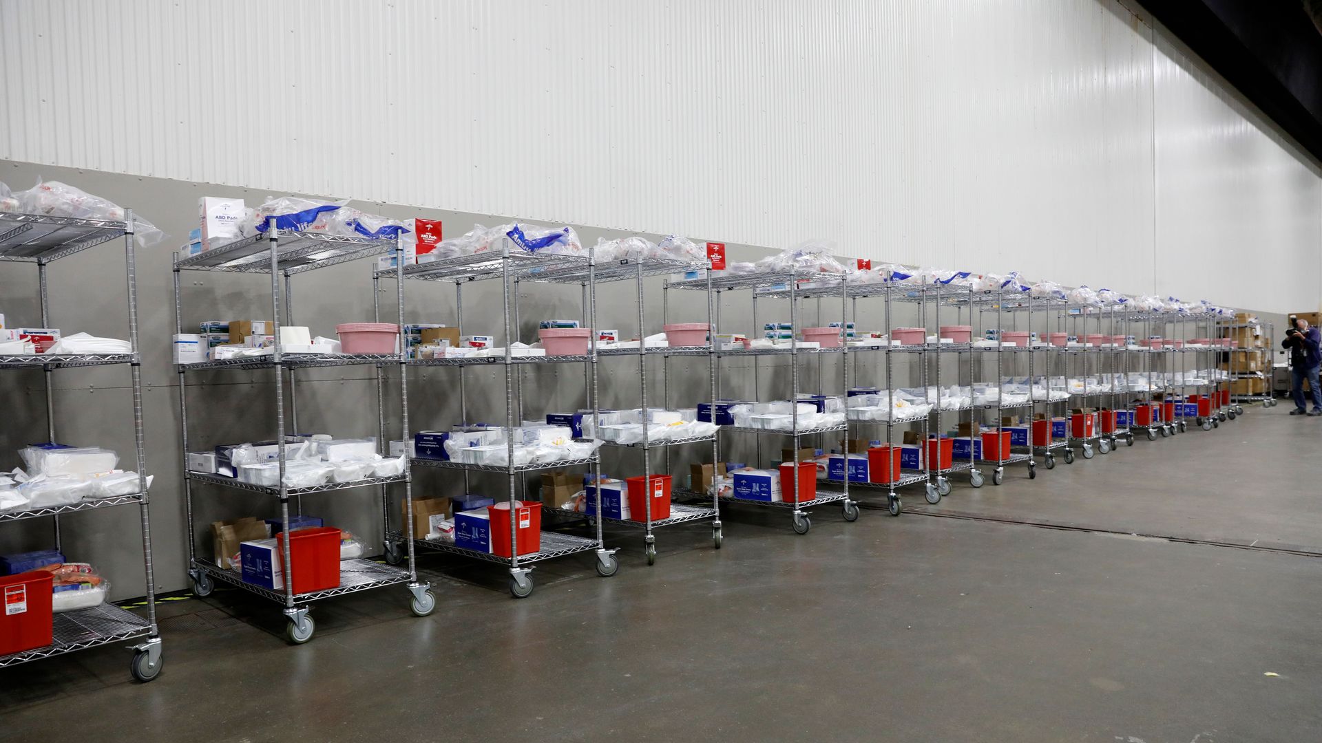 Photo of rows of medical supplies in a convention hall
