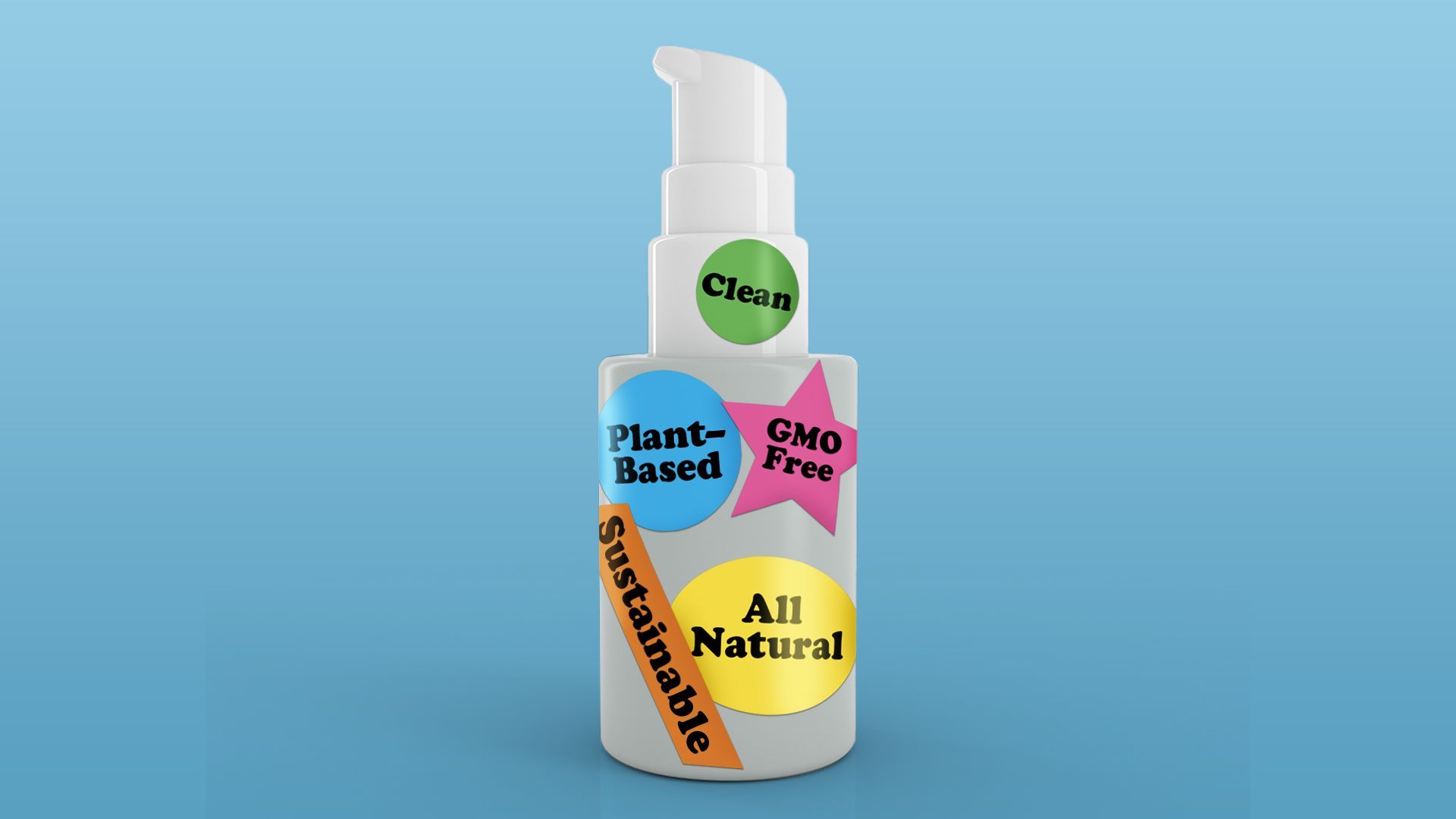 Illustration of a lotion bottle with stickers all over it that say All Natural, Sustainable, Plant-Based, GMO free, Clean