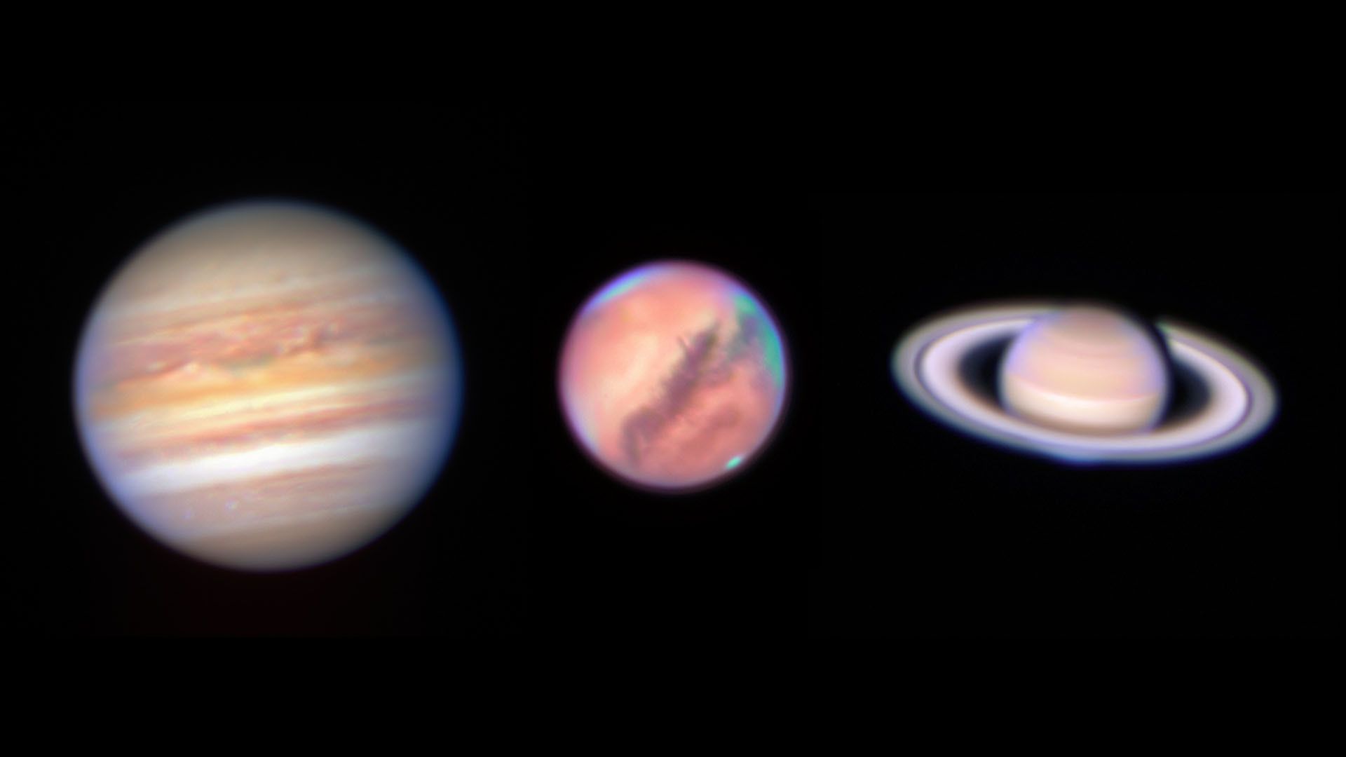 Jupiter, Mars and Saturn seen by telescopes on Earth.