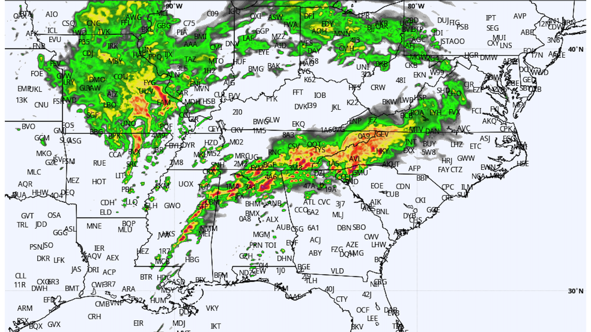 Simulated radar image during a severe weather outbreak on March 25, 2021.