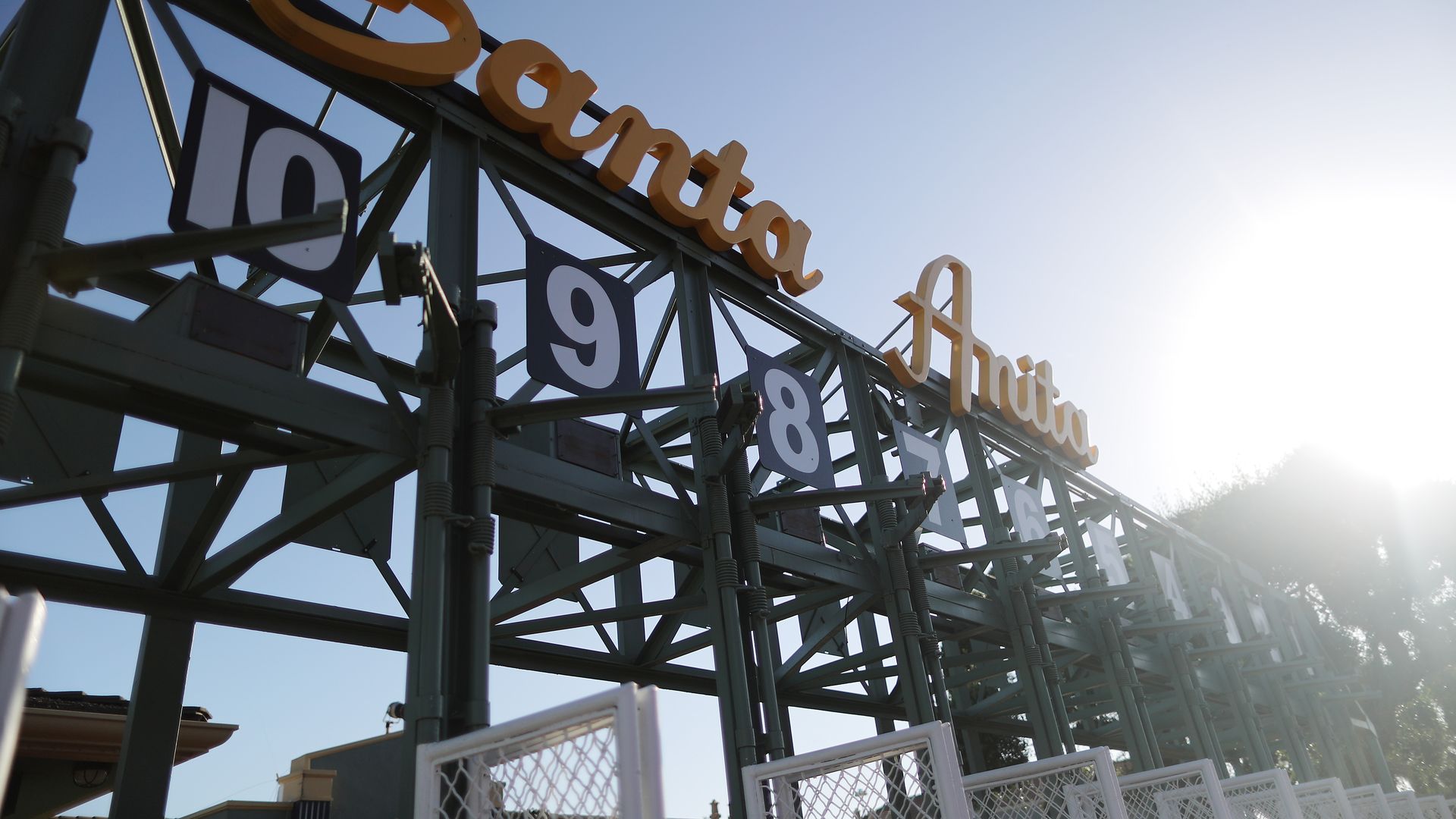 A starting gate stands outside the track on the final day of the winter/spring horse racing season at Santa Anita Park on June 23, 2019 in Arcadia, California.
