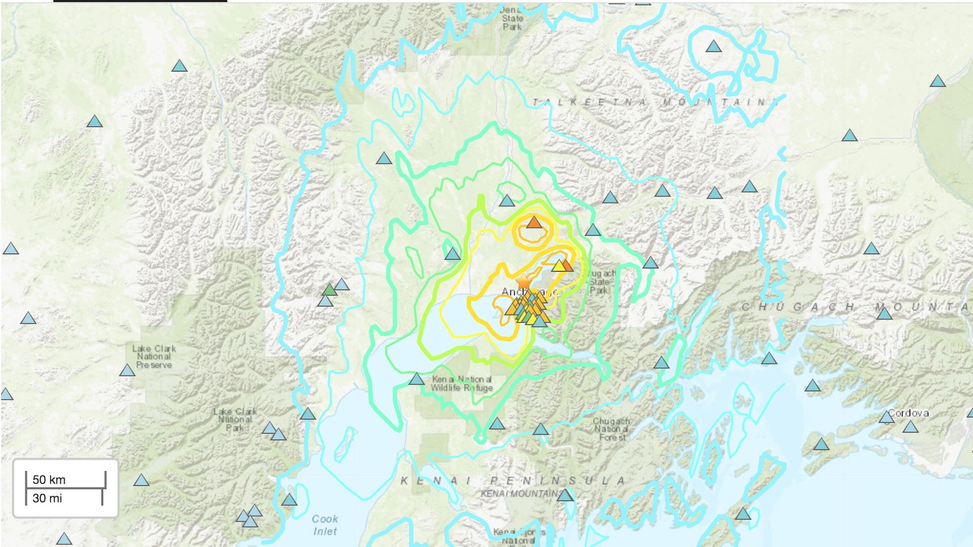 USGS shakemap showing the estimated intensity of ground shaking felt in Anchorage, Alaska area.