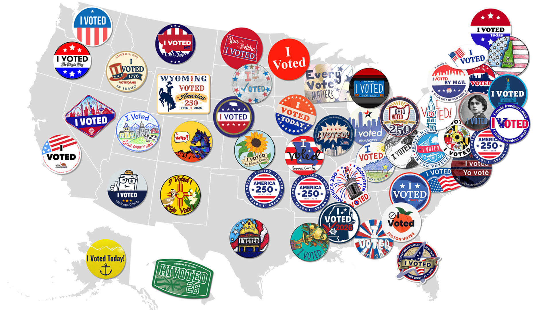 The 2026 "I voted" stickers from all 50 states and the District of Columbia on top of a U.S. map.