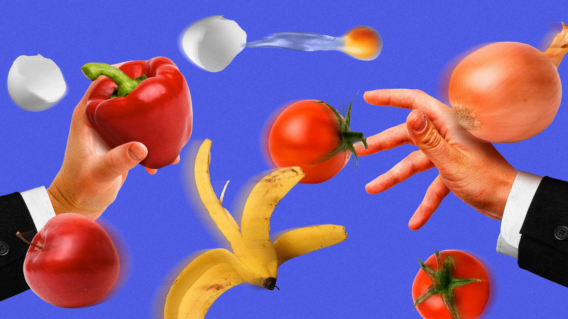 Illustration of two arms in suits throwing food at each other.