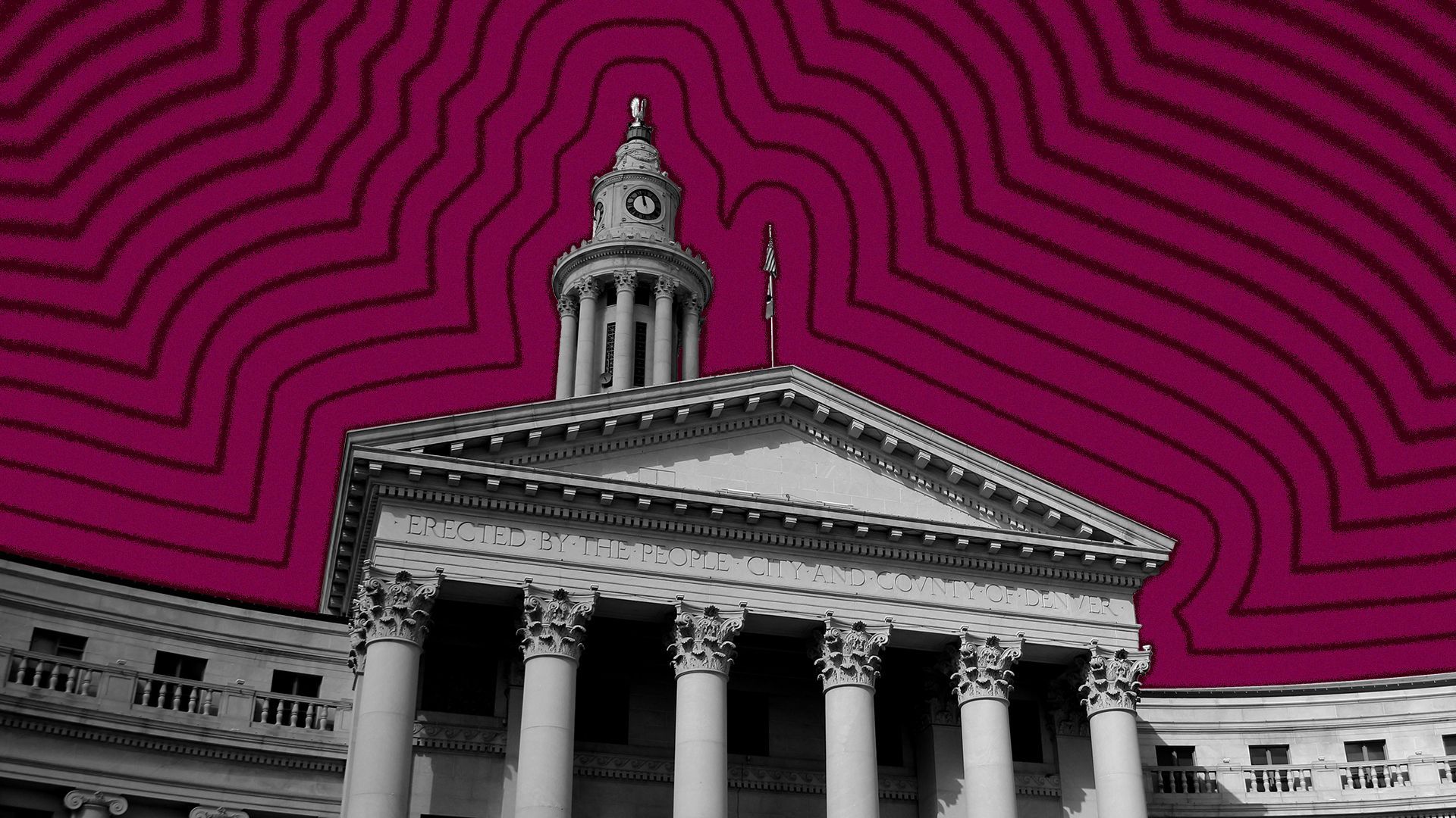 Illustration of the Denver City and County Building with lines radiating from it.