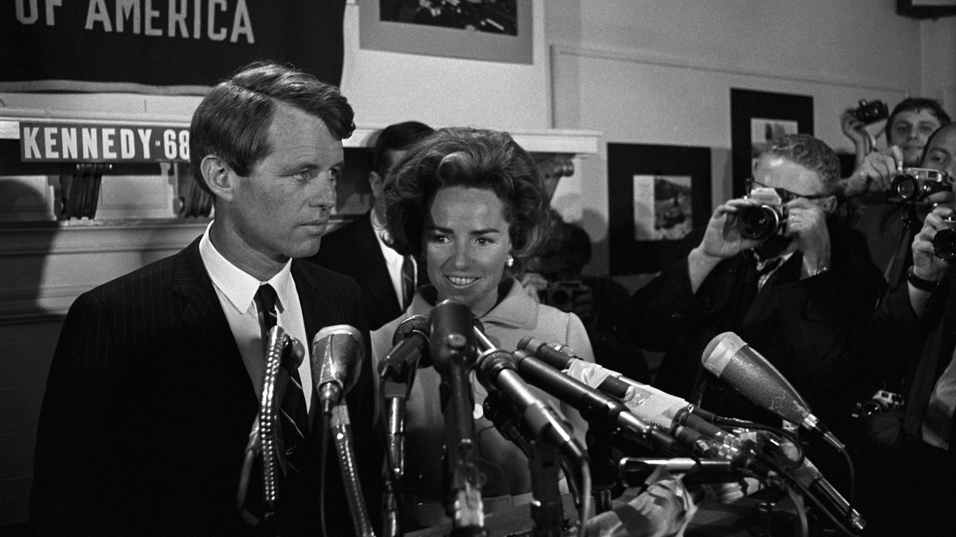 RFK and Ethel Kennedy at the microphone