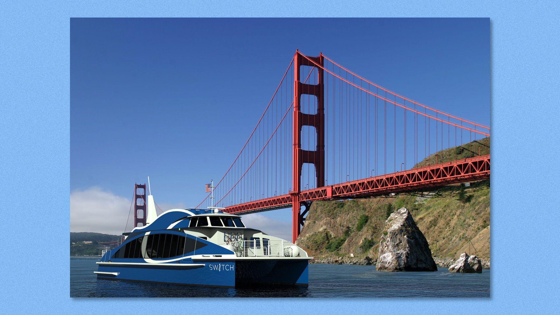 Rendering of the Sea Change, a hydrogen fuel cell-powered ferry near the Golden Gate Bridge in San Francisco