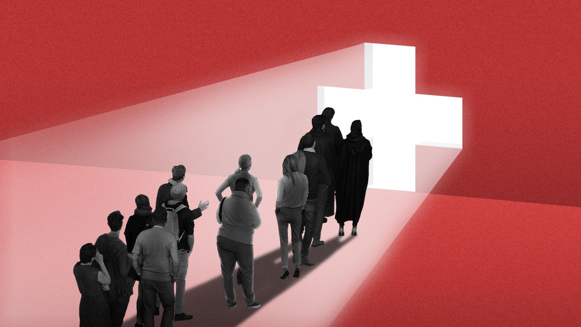 Illustration of a line of people waiting at a red cross-shaped door.