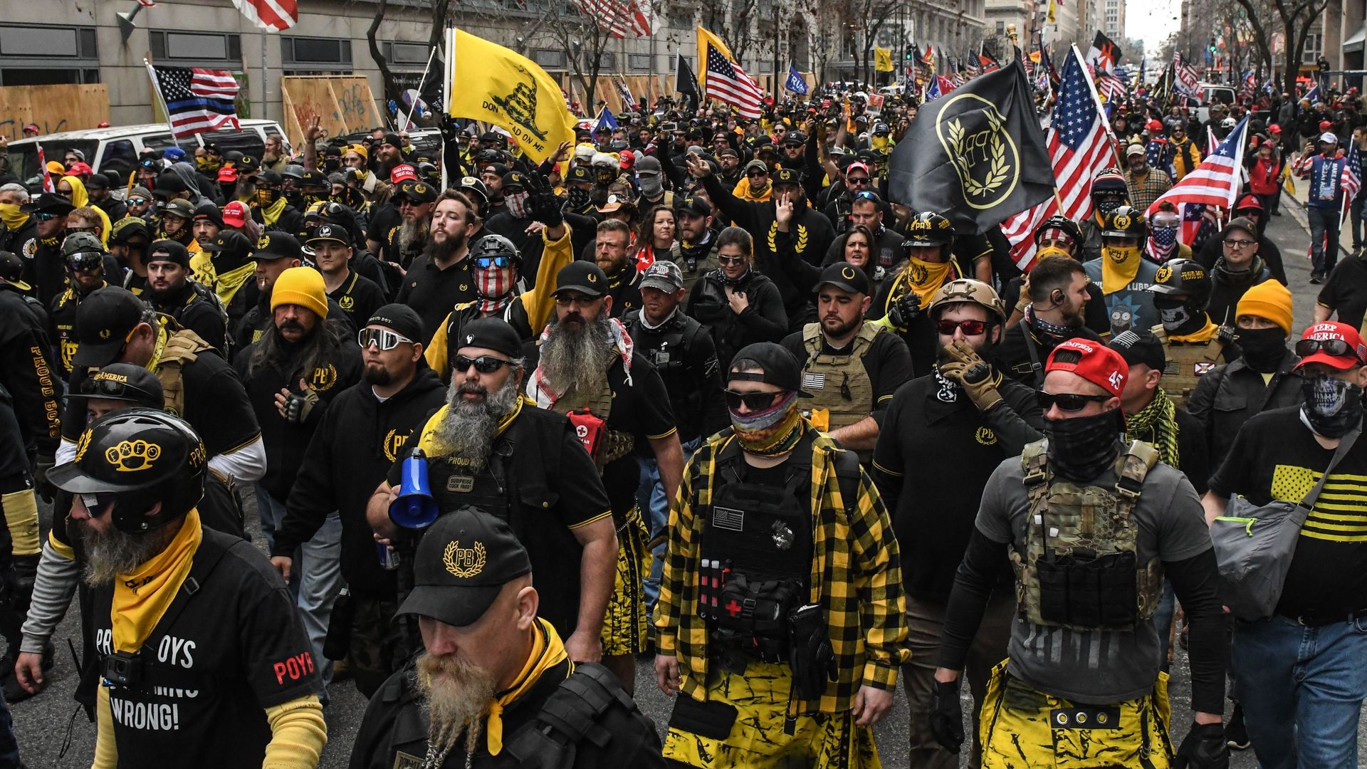 Proud Boys march toward Freedom Plaza in Washington on Dec. 12, 2020, as part of an election protest on behalf of President Trump.