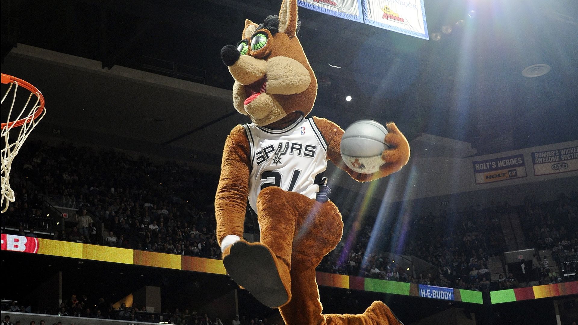 Coyote, the Spurs' mascot, prepares to dunk.