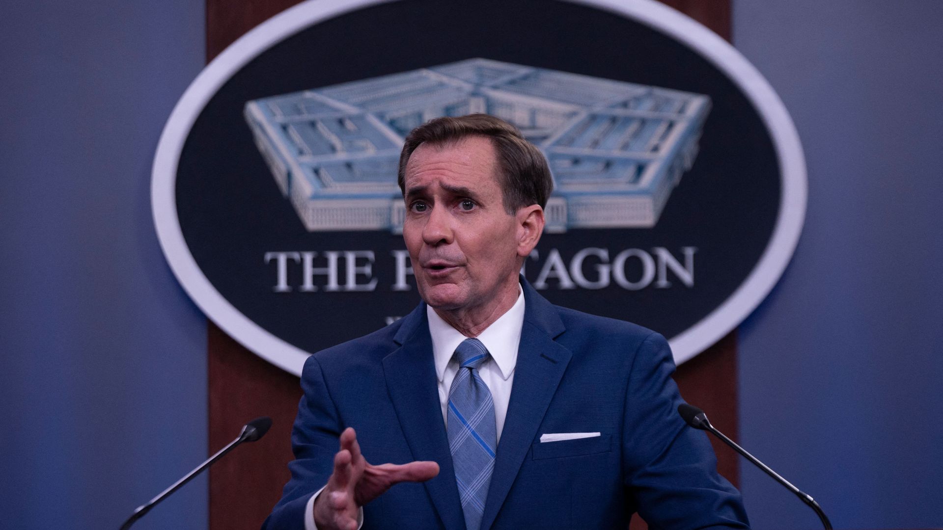 Pentagon Spokesman John Kirby speaks during a press briefing on the situation in Afghanistan at the Pentagon in Washington, DC on August 16