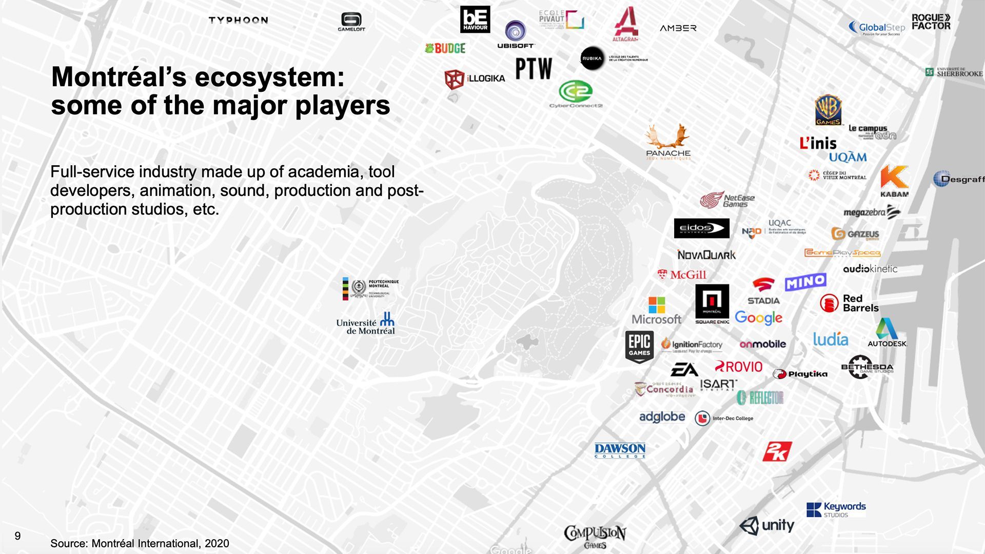 Map showing gaming studios in Montreal