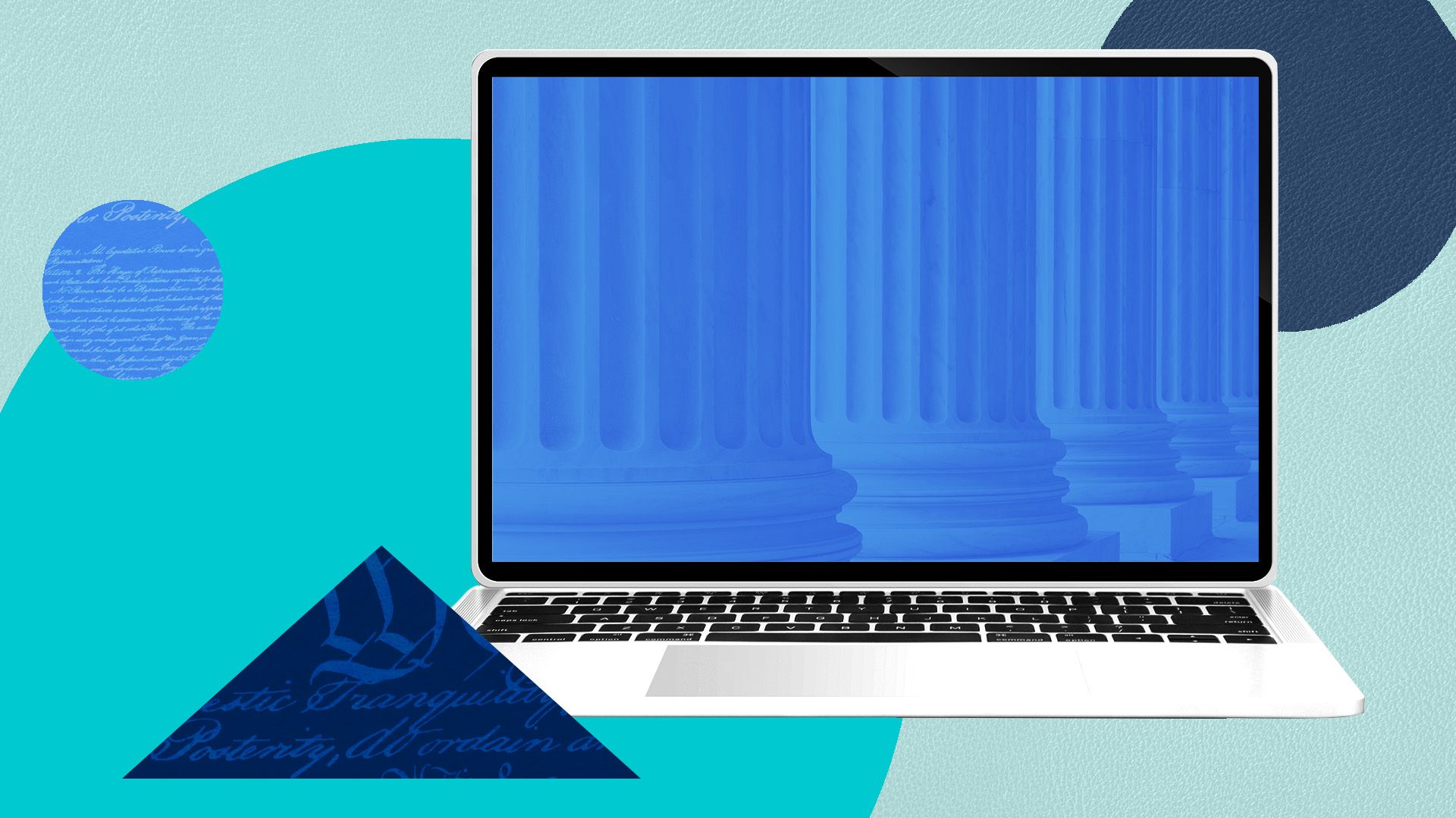 illustration of a computer with a screen that has columns on it surrounded by circles overlaid in legal text