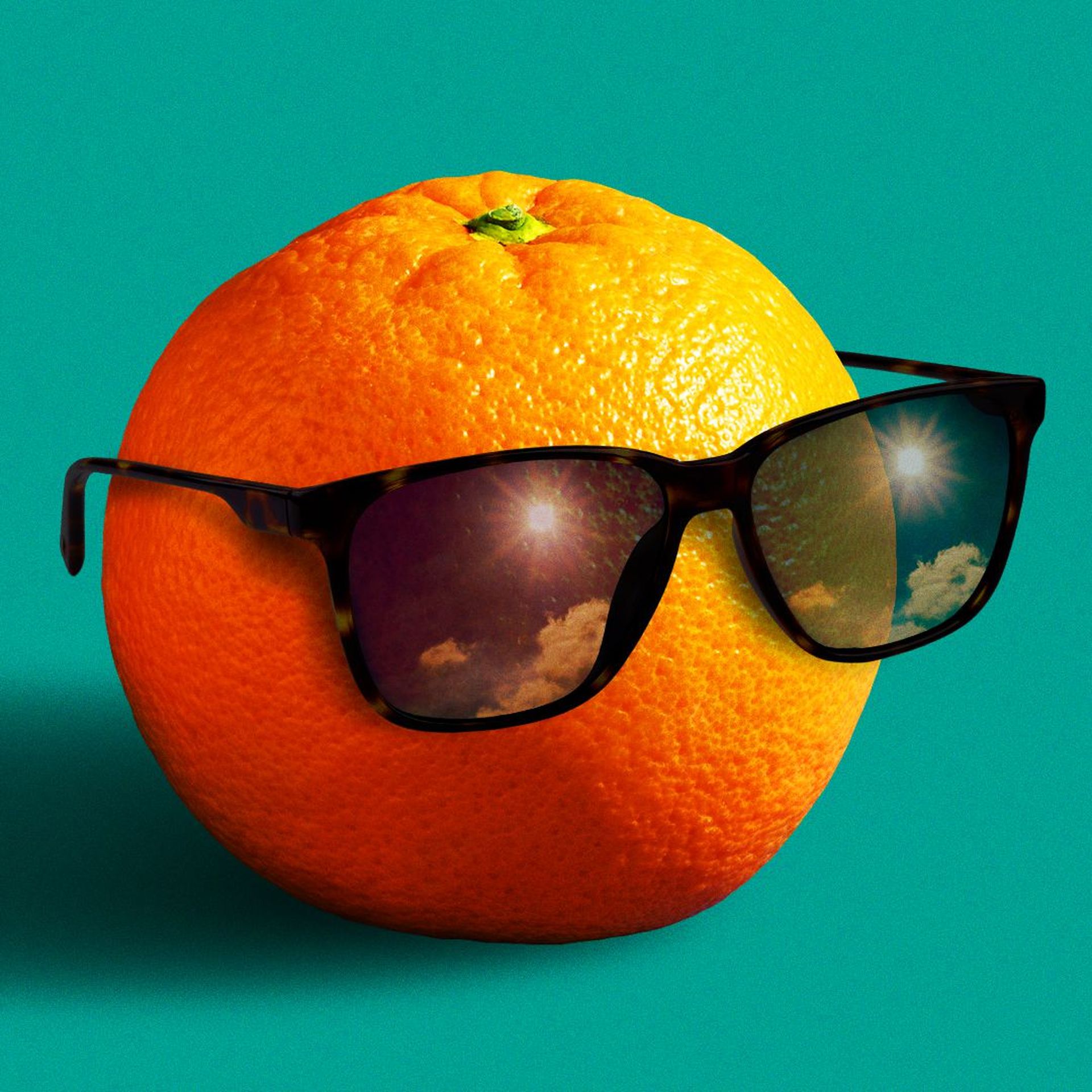 Illustration of an orange with sunglasses on a teal background.