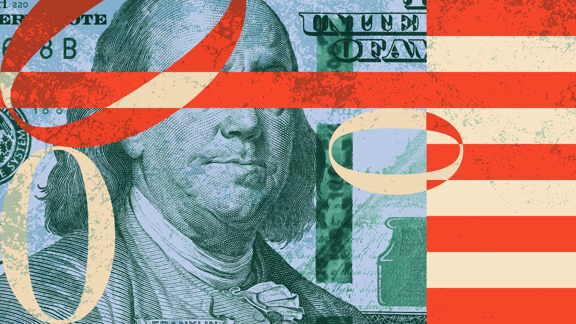 Illustration of a hundred dollar bill with stripes and zeros