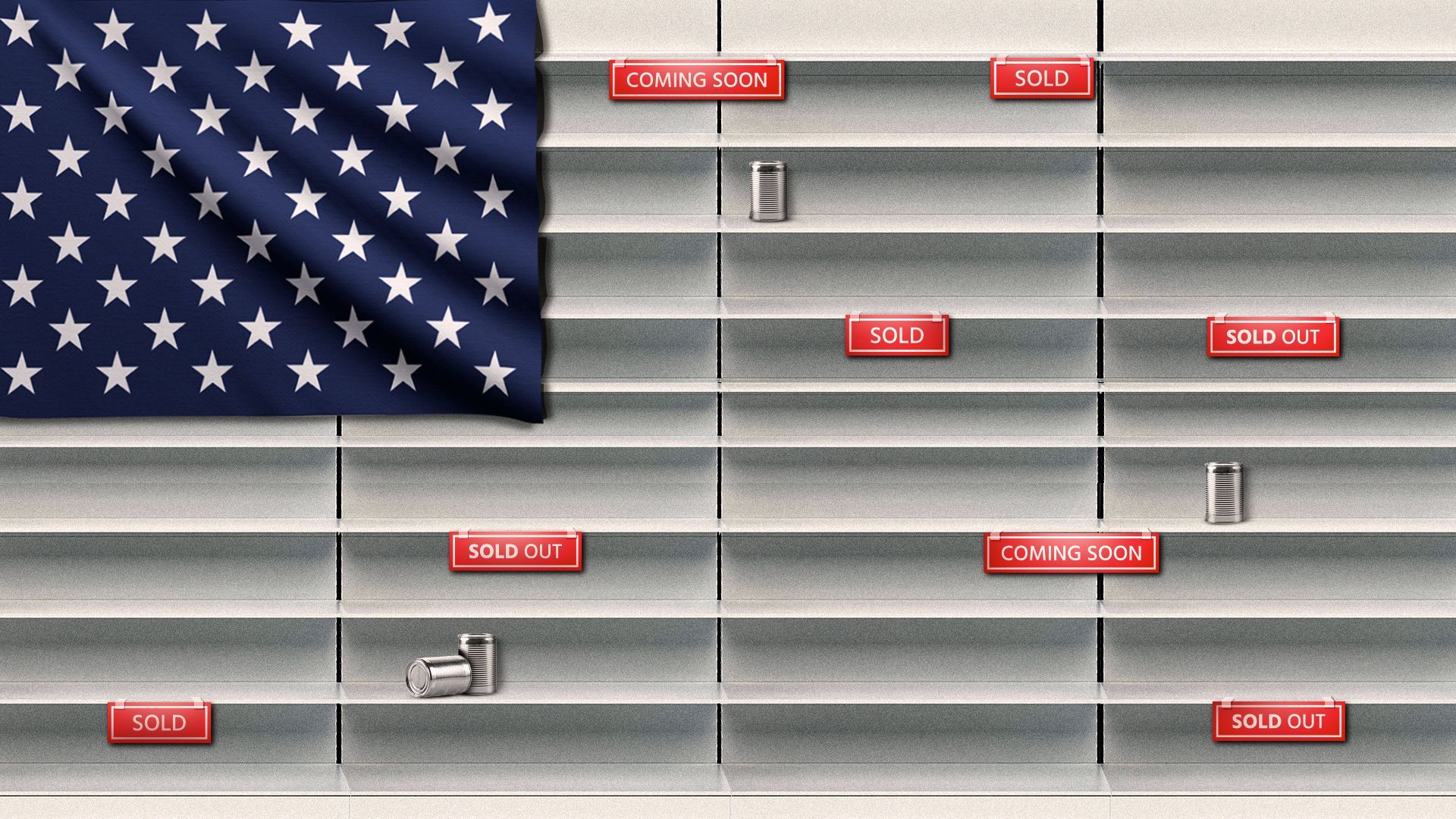 Illustration of an American flag, with the stripes made out of empty grocery store shelves with a few leftover cans and red "sold out" signs. 