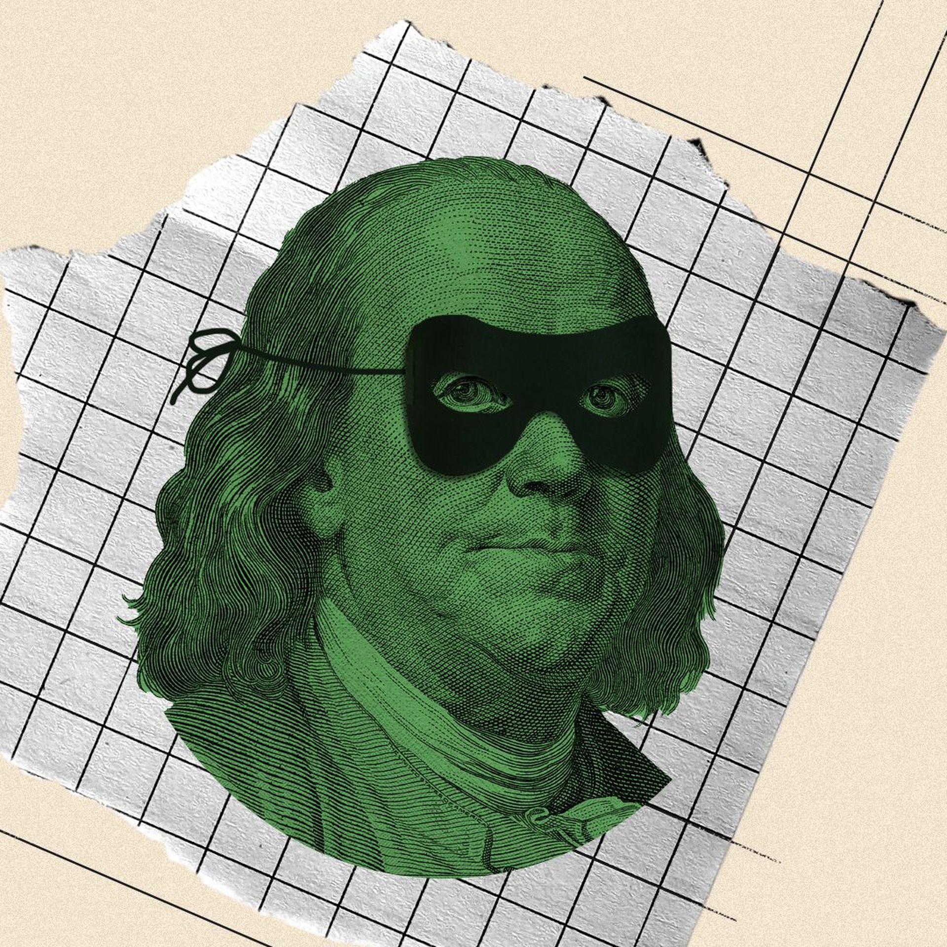 Illustration of Benjamin Franklin wearing a burglar's mask