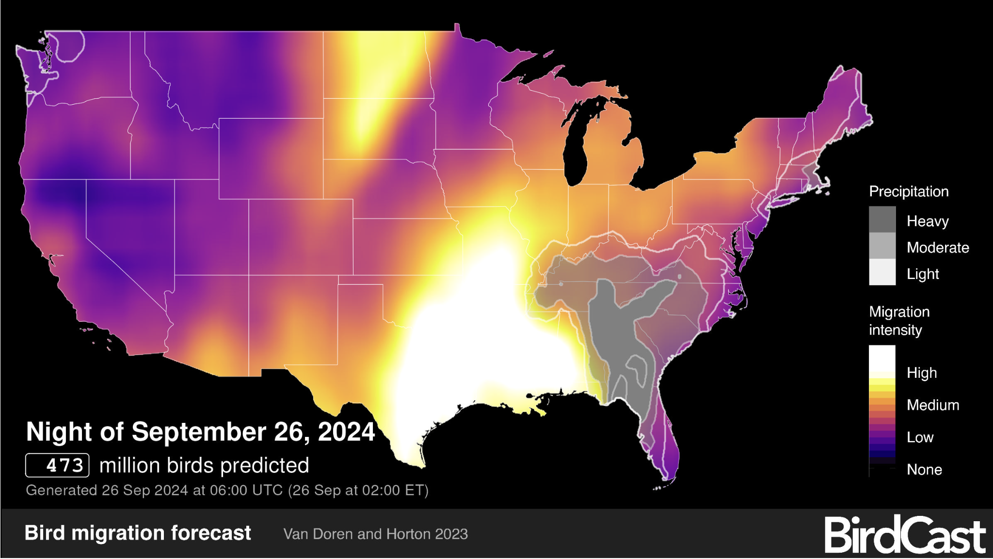 Image shows a heat map depicting bird migration. Louisiana is mostly white, which means there is high migration intensity.