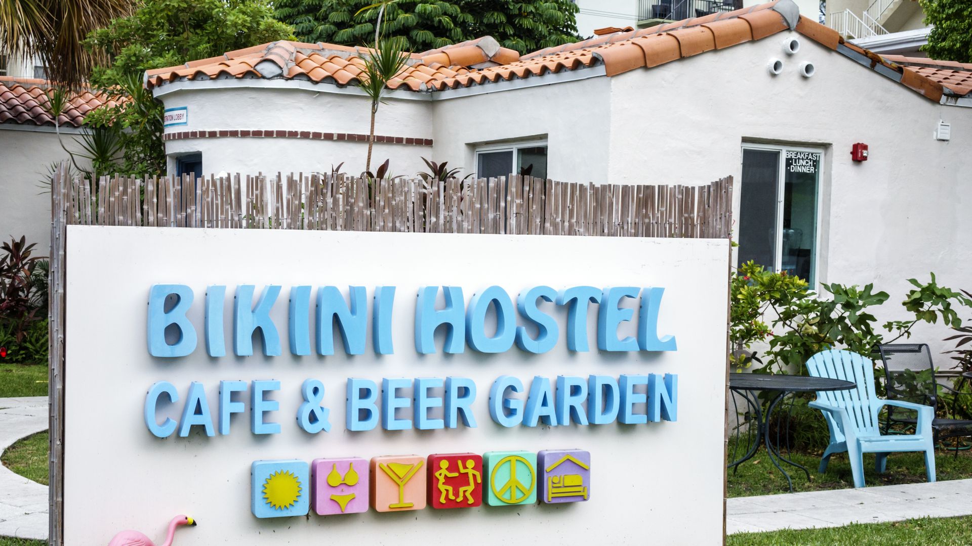 A 2016 file photo shows the Bikini Hostel entrance sign. Photo: Jeffrey Greenberg/Universal Images Group via Getty Images

