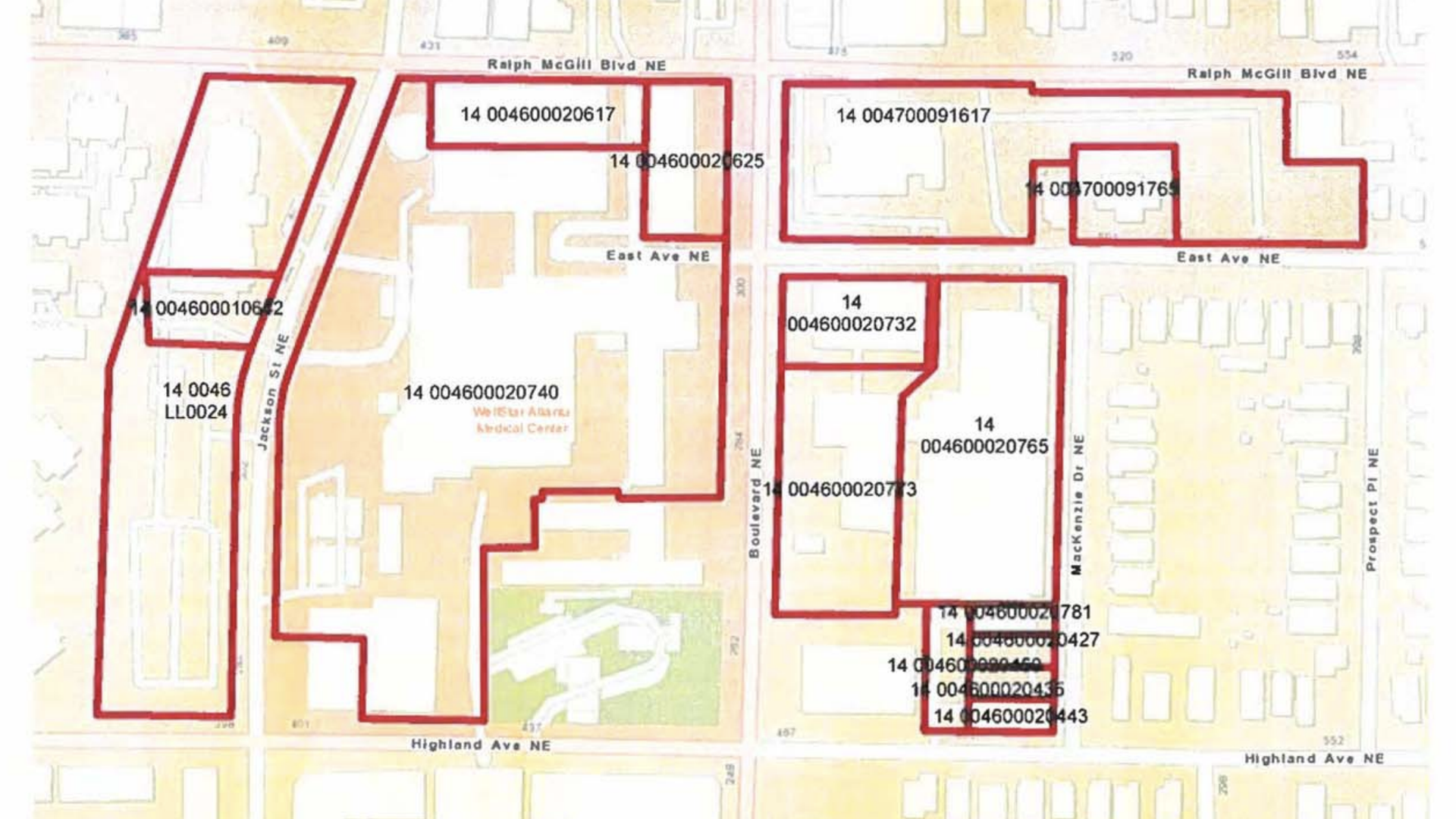 A map of parcels (marked in red) where the city wants to freeze development temporarily