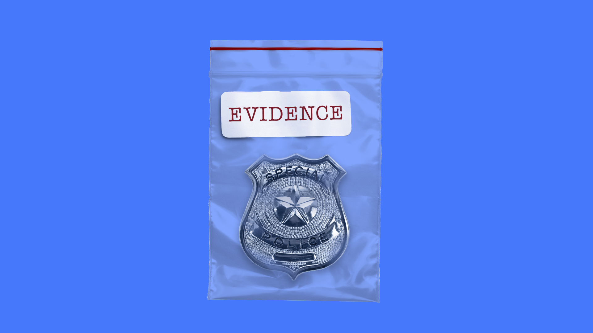 In this illustration, a plastic baggie is labeled with the word "evidence" as a police badge rests inside.